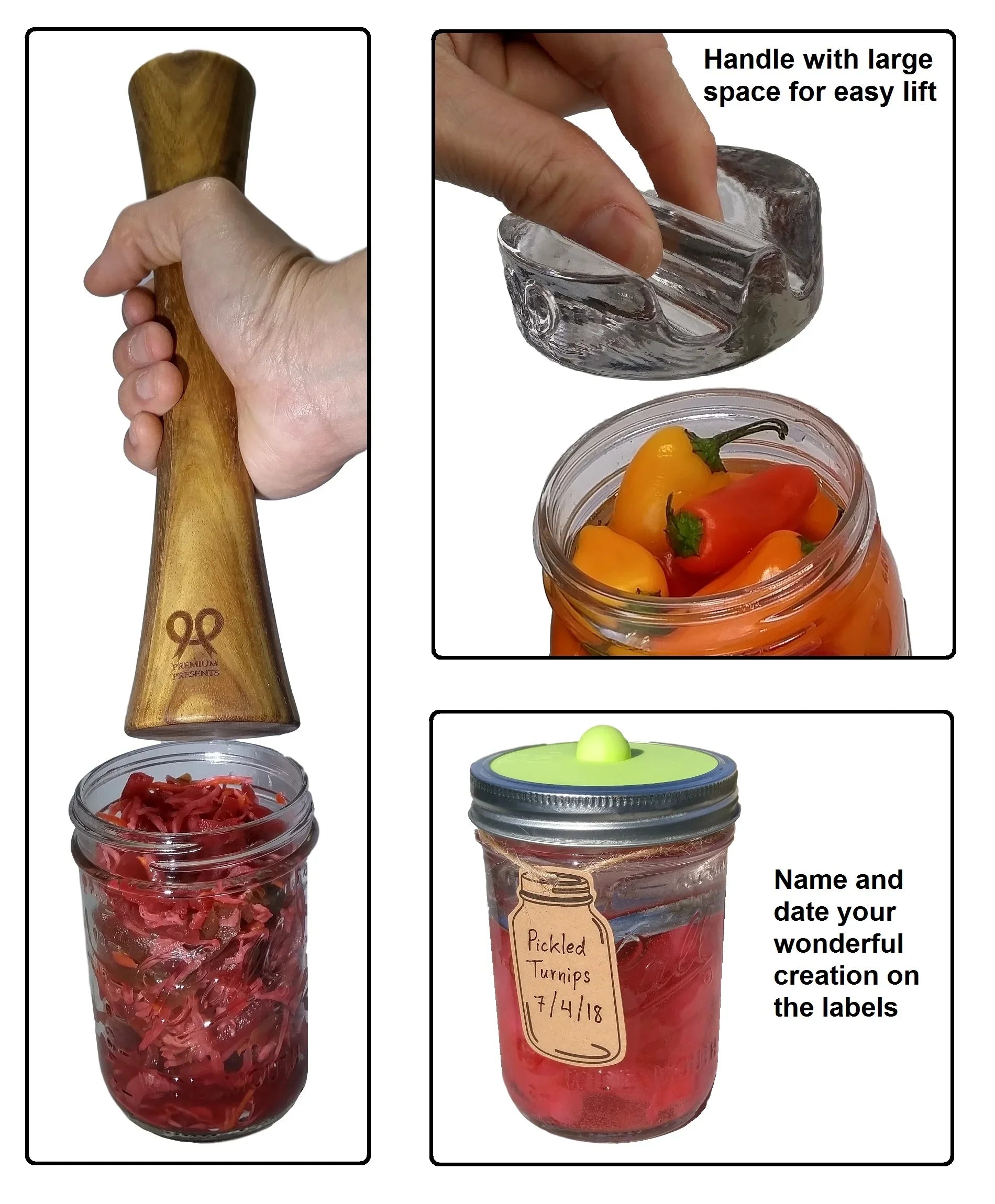 Canning kit. Complete  fermentation kit for wide mouth mason jars or pickling jars for 7 sets for making pickles, sauerkraut, kimchi, etc  Glass weights, tamper, airlock lids, and recipe included.