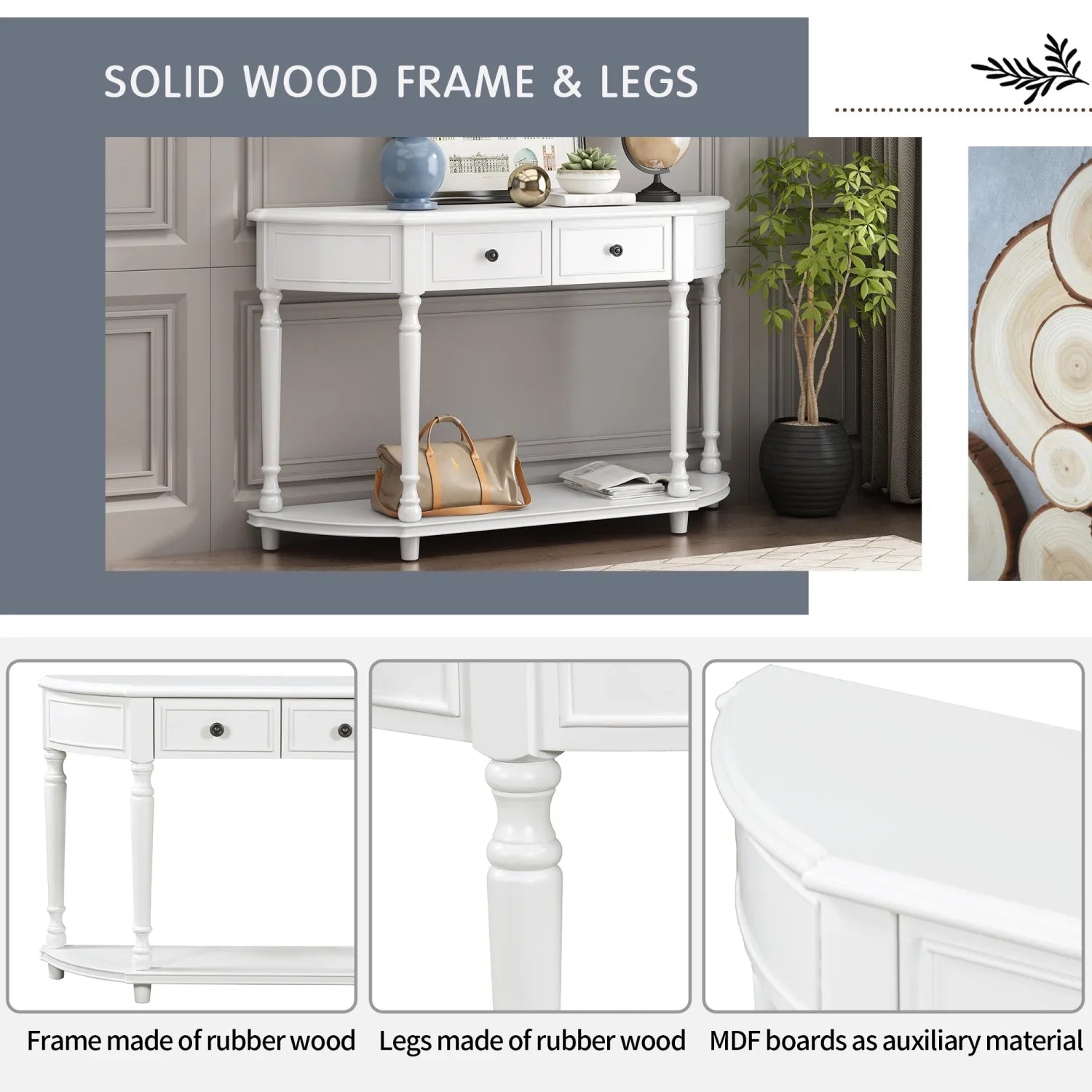 Retro Circular Curved Design Console Table with Open Style Shelf Solid Wooden Frame and Legs Two Top Drawers (White     )