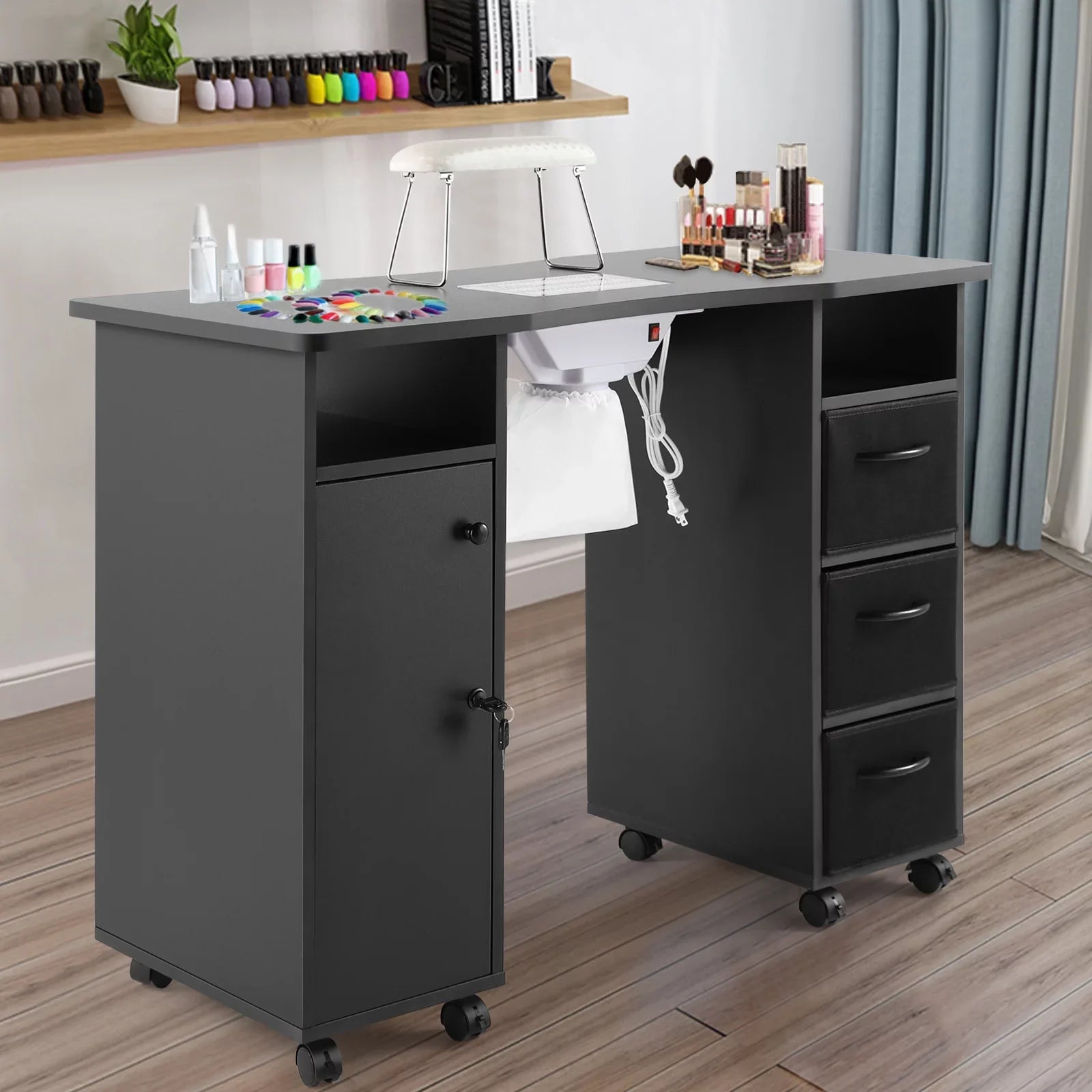 Artist Hand Black Nail Table Manicure Desk Beauty Station with Electric Downdraft Vent, Wrist Cushion, Lockable Wheels, Drawers, Shelves