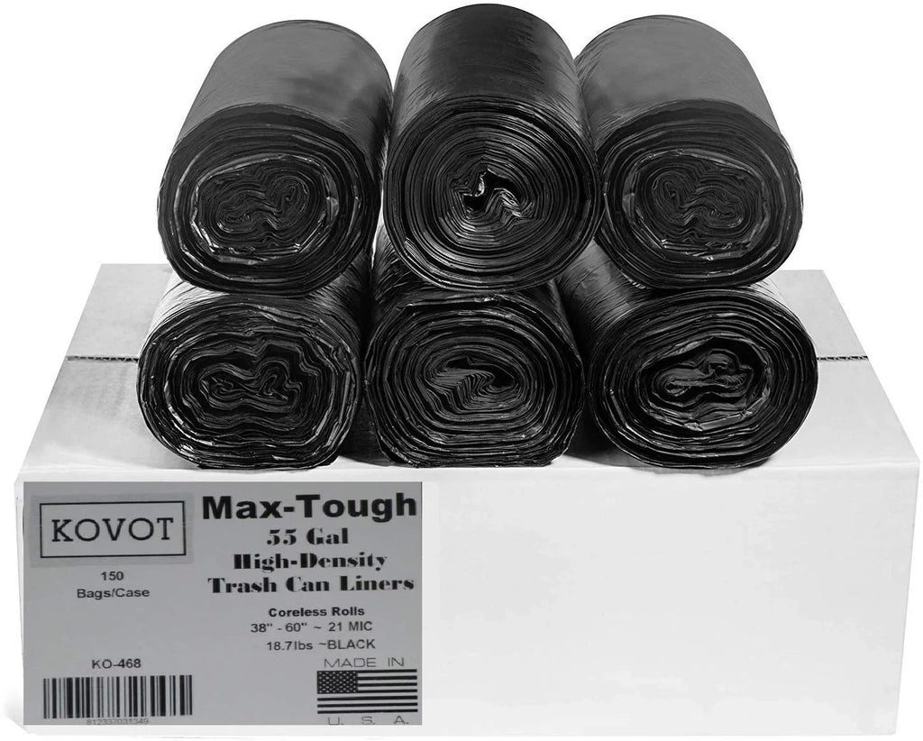 '-386021K Max-Tough 55 Gal. High Density Star Seal Coreless Rolls Black Trash Bag, (Pack of 150)