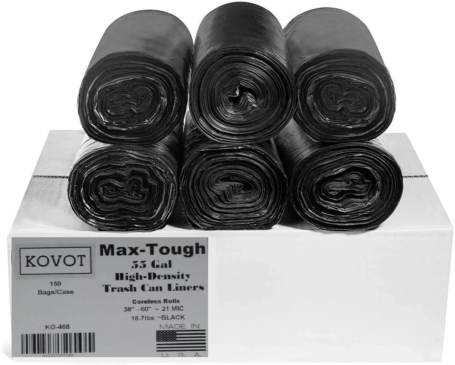'-386021K Max-Tough 55 Gal. High Density Star Seal Coreless Rolls Black Trash Bag, (Pack of 150)