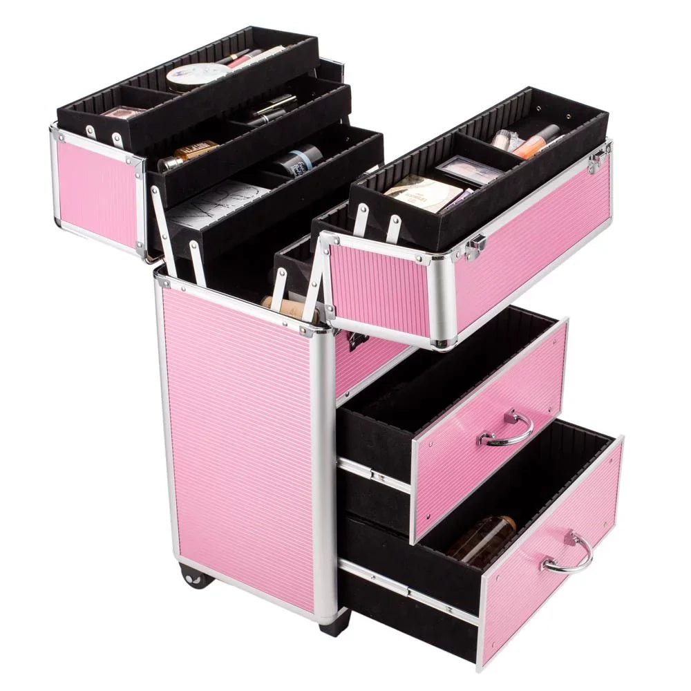 Ktaxon 3 in 1 Pro Rolling Aluminum Makeup Case, Lockable Cosmetic Train Box Storage Trolley, Pink