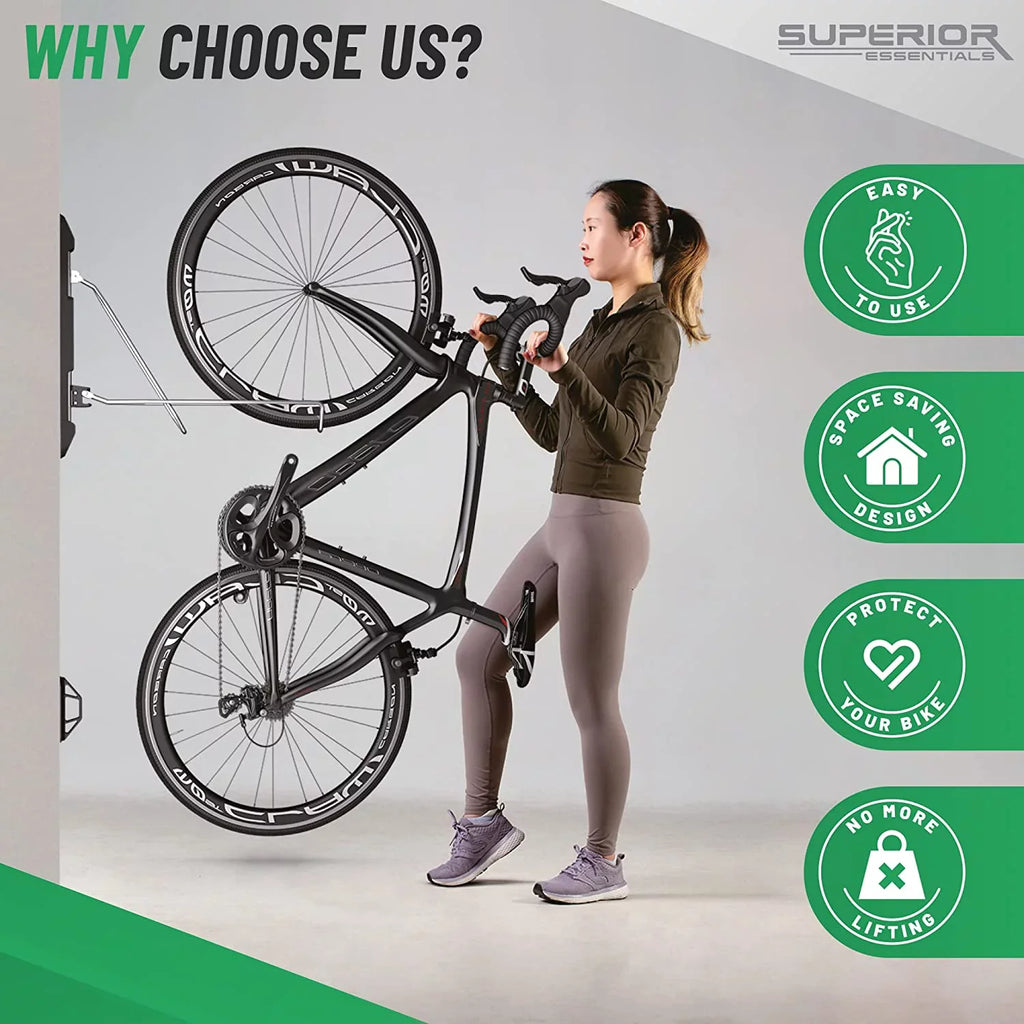 Superior Essentials Vertical Bike Rack - Easy to Hang and Detach, 180-Degree Swivel Swing, Foldable Bike Wall Mount - Maximize Your Garage Space with Our Top-Notch Bike Hangers for Garage (Black)