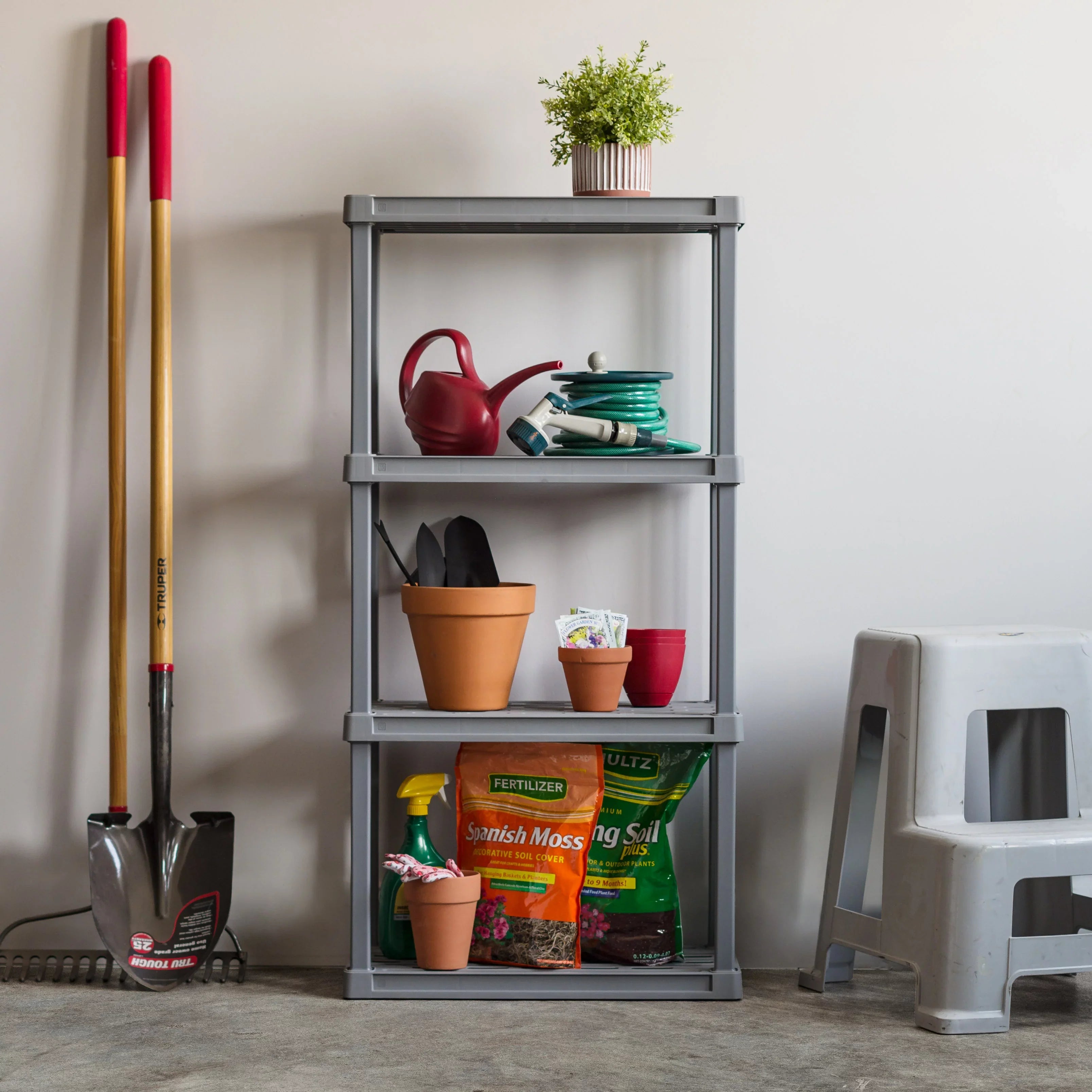 4-Tier Plastic Rack Storage Shelf with 160 lb. Total Capacity, Elephant Gray