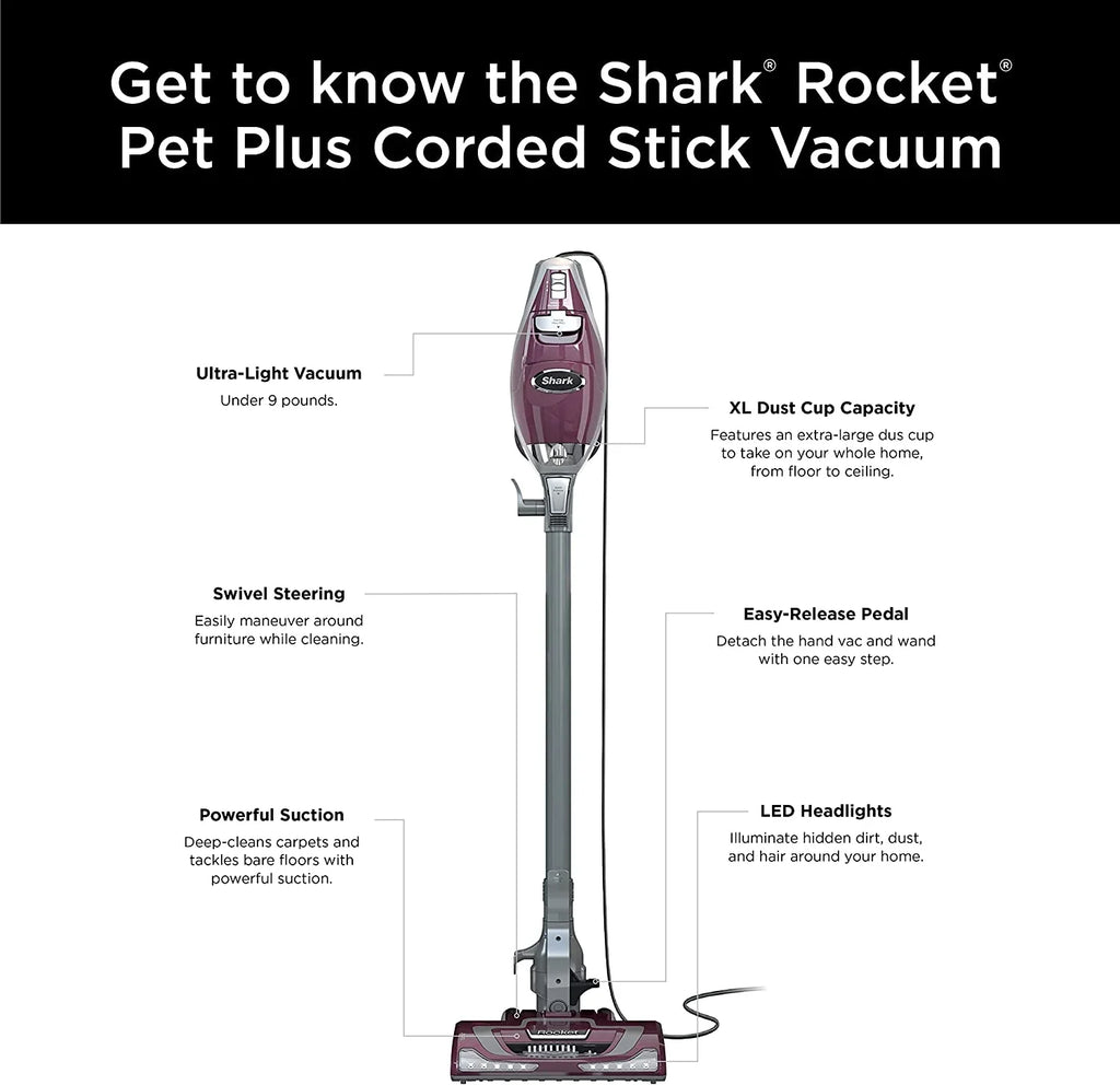 Rocket Pet Plus Corded Stick Vacuum with  Headlights,  Dust Cup, Lightweight, Perfect for Pet Hair Pickup, Converts to a Hand Vacuum, with (2) Pet Attachments, Bordeaux/Silver