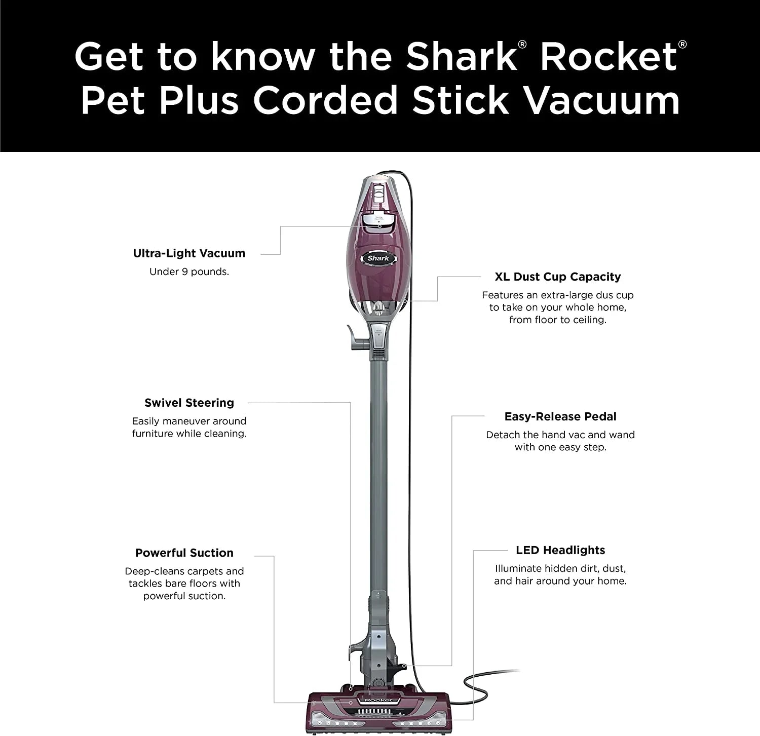 Rocket Pet Plus Corded Stick Vacuum with  Headlights,  Dust Cup, Lightweight, Perfect for Pet Hair Pickup, Converts to a Hand Vacuum, with (2) Pet Attachments, Bordeaux/Silver