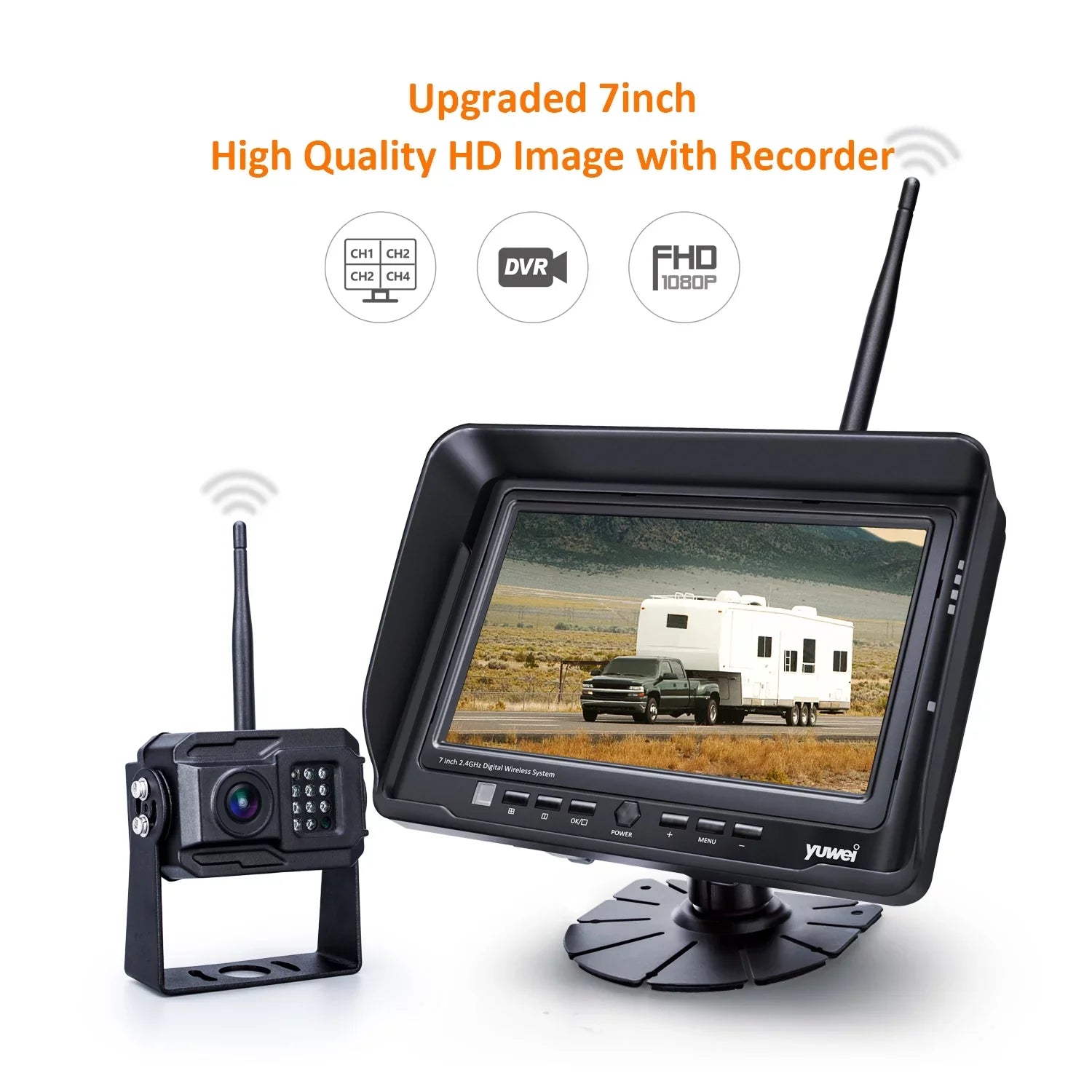 Yuwei HDWirelessCam8 Wireless Backup Camera System with 7"  Quad-View Monitor and  Recording