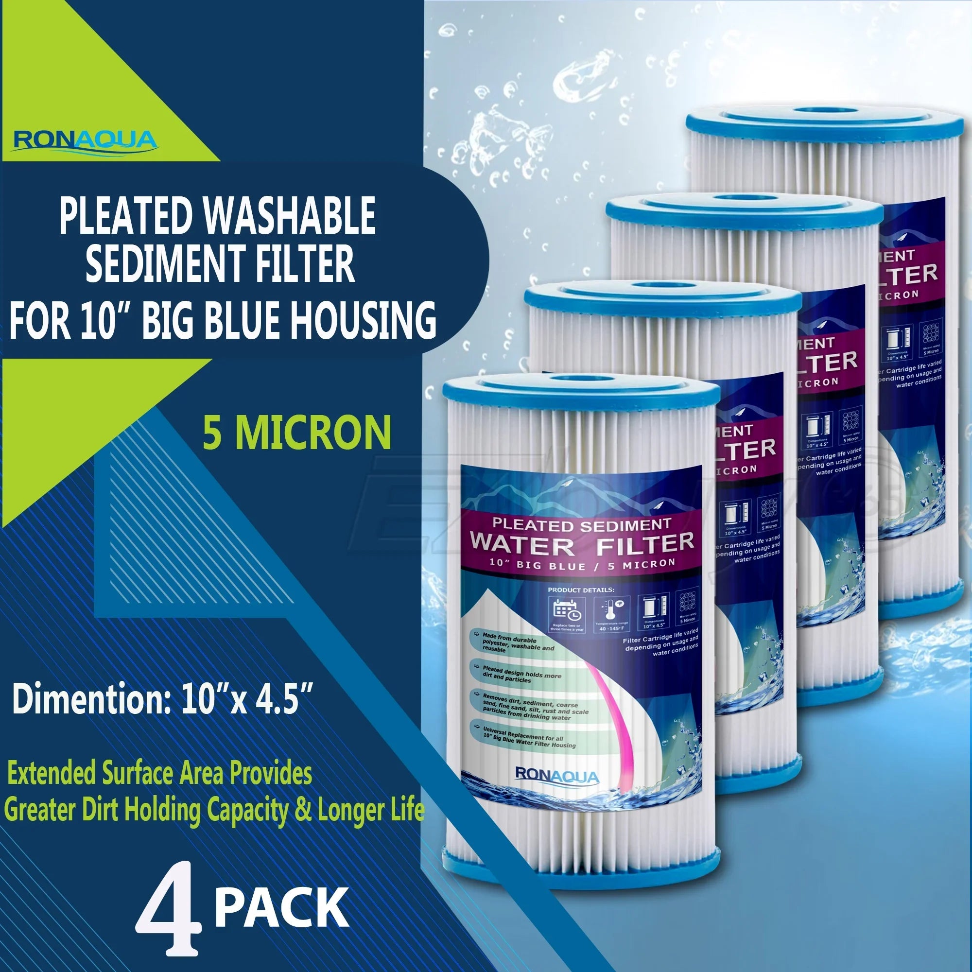 Big Blue Pleated Washable & Reusable Sediment Filter 5 Micron Amplified Surface Area, Removes Sand, Dirt, Silt, Rust, Extended Filter Life for 10" Big Blue Housing by Ronaqua (Set of 4)