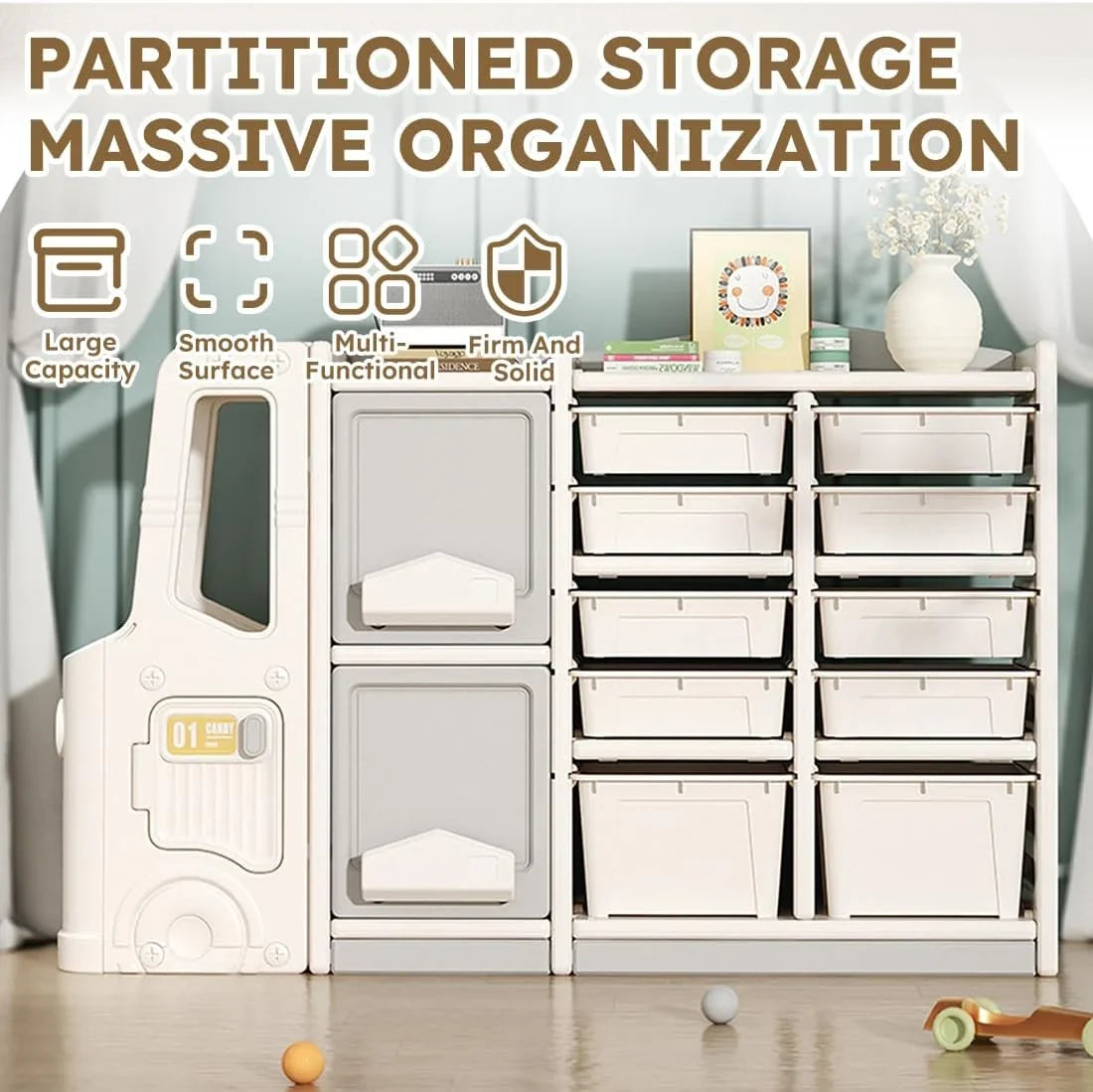 LLBIULife Toy Organizer  Multi-Functional Bookshelf and Toy Box  Closed Cabinet and Pull-Out Drawer for Playroom  Children's Bedroom and Nursery. (10 Organizer Boxes + 2 Organizer Cab