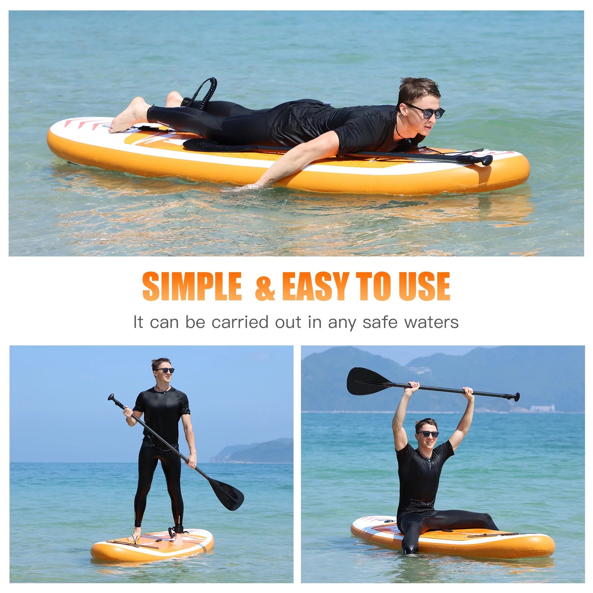 Famistar 10' Inflatable Stand Up Paddle Board (6"Thick) with / 3 Pins | Wide Stance, Bottom Fin for Paddling, Surf Control, Non-Slip Deck |Youth & Adult Standing Boat-Orange