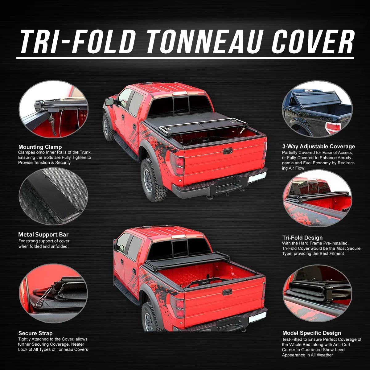 Motoring --057 For 2014 to 2019 toyota Tundra 6.5' Bed Fleetside Adjustable Tri -Fold Soft Top Trunk Tonneau Cover 15 16 17 18