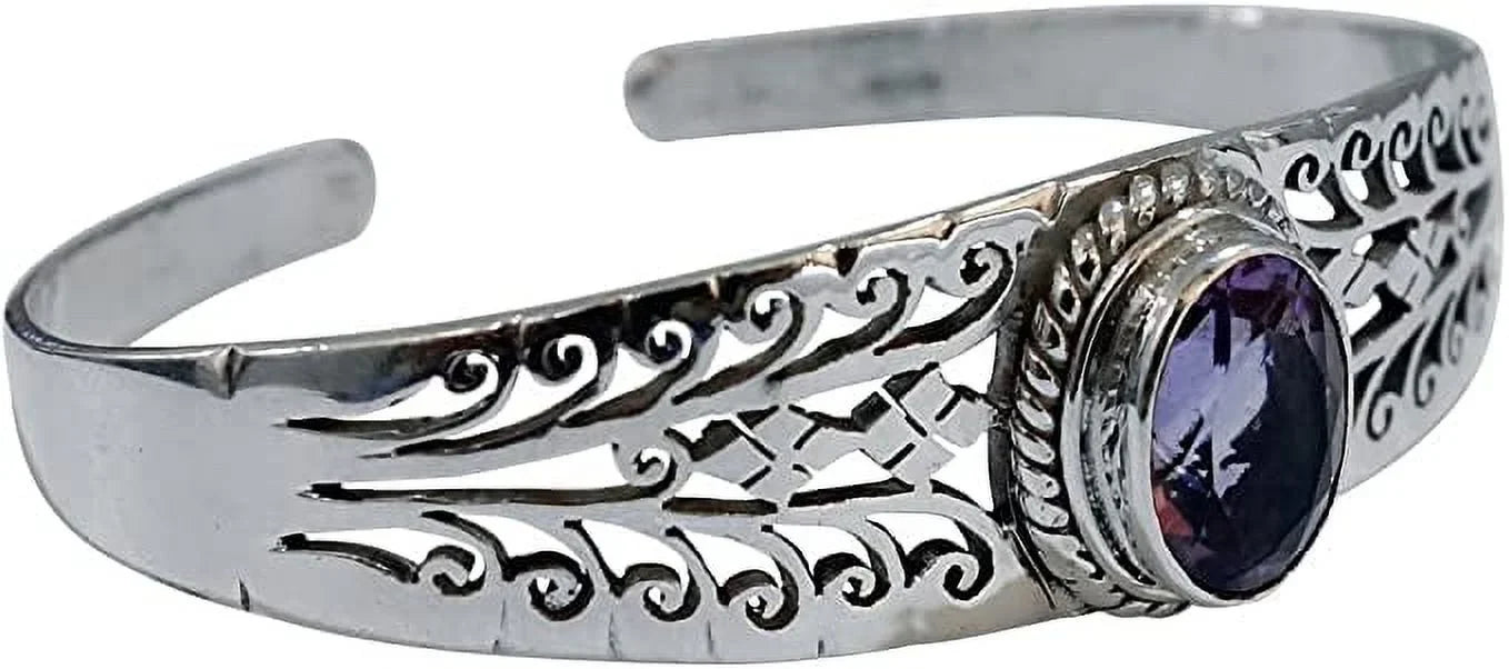 Genuine Purple Amethyst Gemstone Handmade Cuff Bracelet for Men Women, Genuine 925 Sterling Silver Fashion Bracelets, Adjustable Designer Jewelry for Gifts