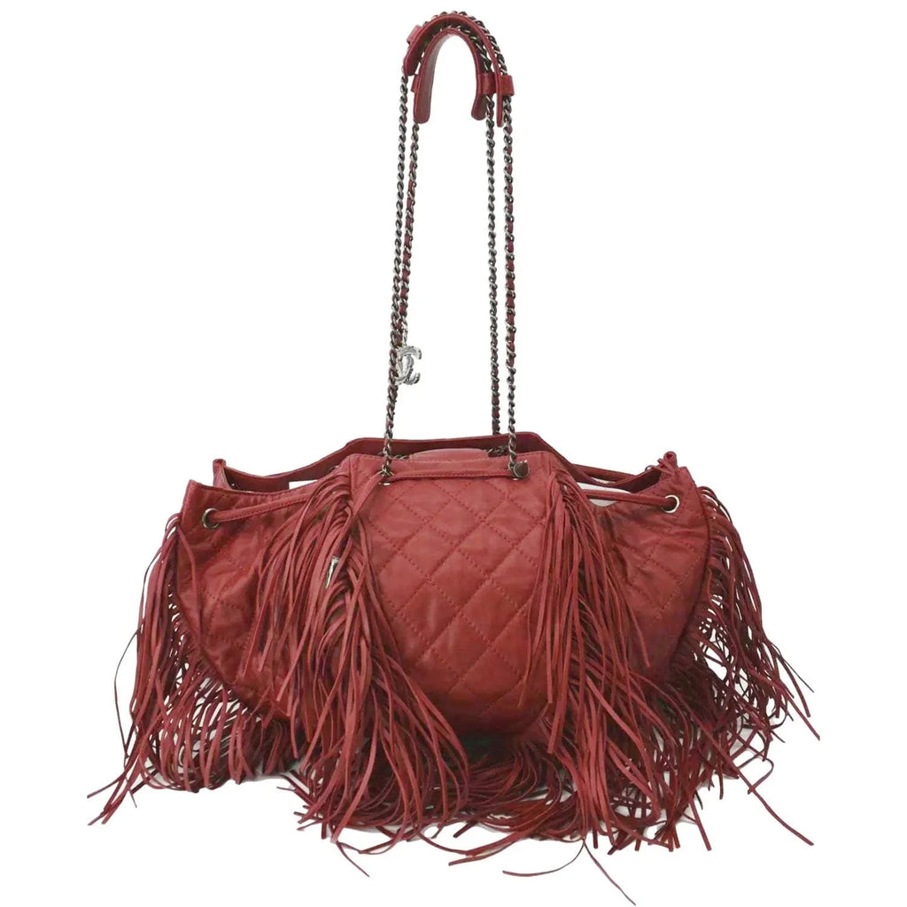 Pre-Loved  Paris Dallas Drawstring Fringe Leather Shoulder Bag Red