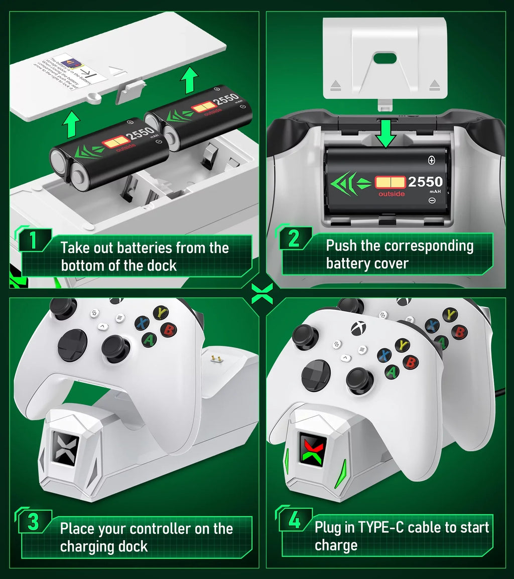 Xbox Controller Charger,Xbox Charging Station Dock with 2x2550mAh Rechargeable Battery Packs for Xbox One/Series | Controller Accessories-White