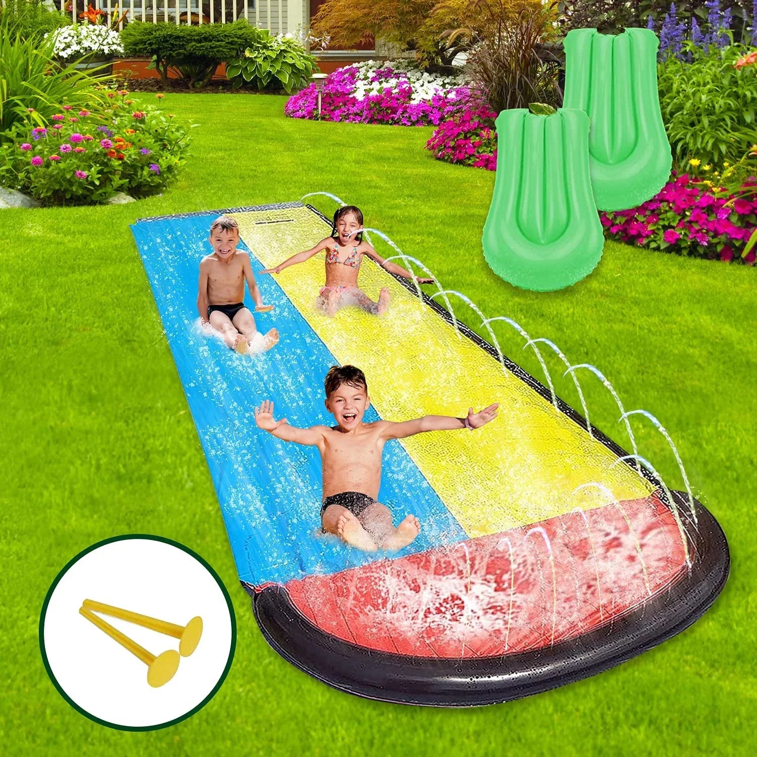Narcisur 15.5ft Inflatable Water Slide with Two Crash Pad and Sprinklers, Dual Racing Lanes for Backyard