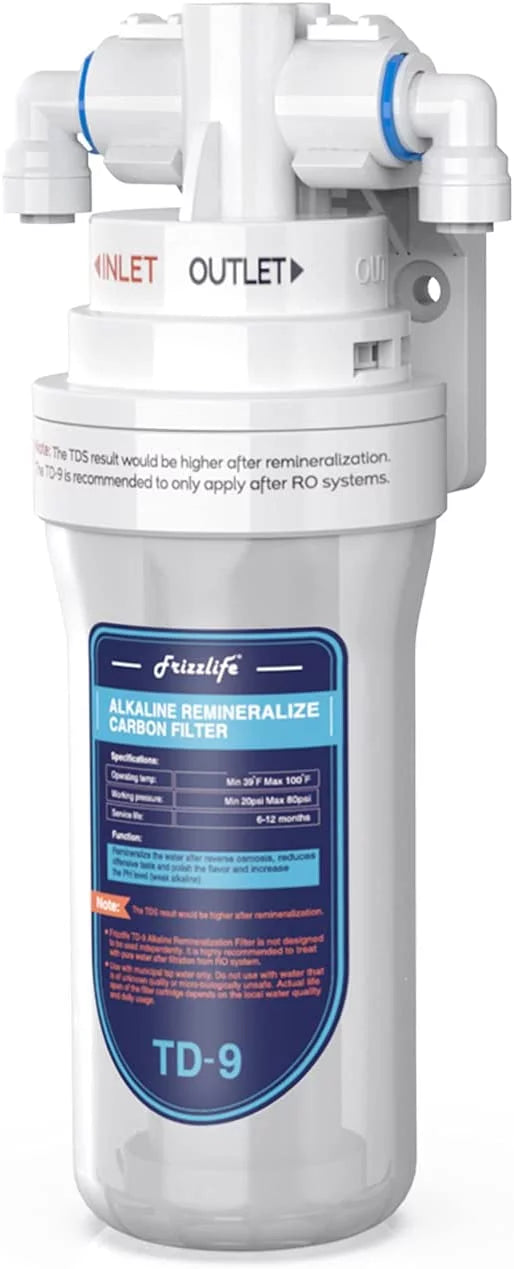 Frizzlife -9 Alkaline Remineralization Under Sink Inline Water Filter - Quick Twist Post Filter for  System