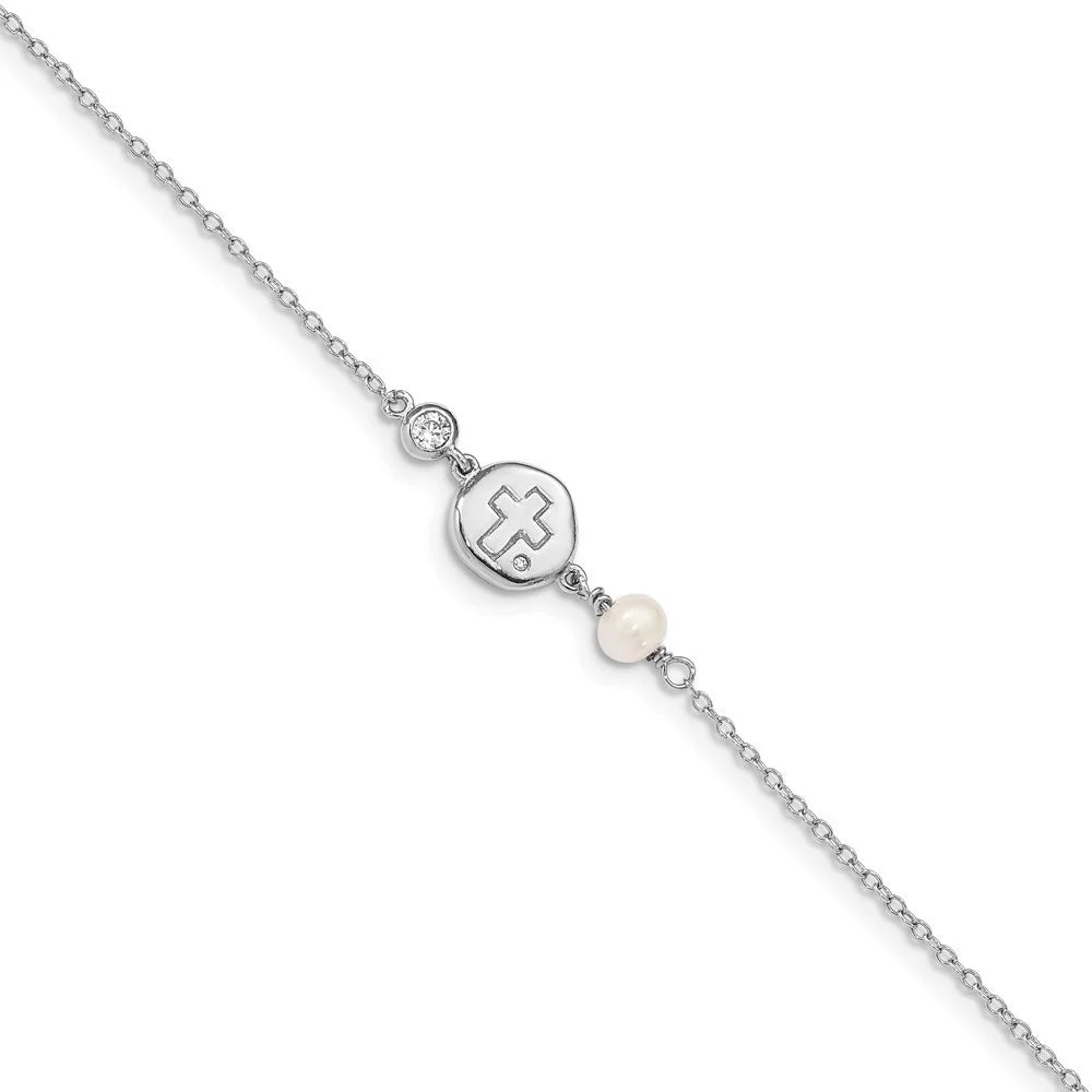 Auriga 925 Sterling Silver -plated /Cross/ Pearl w/0.5inch ext Bracelet for Women