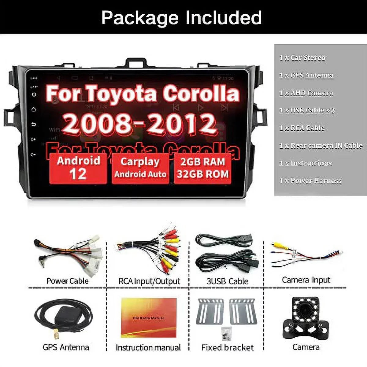 Binize Car Stereo for Toyota Corolla 08-12 Android 12 Compatible with CarPlay&Android Auto,9 Inch Touch Screen Double Din Car Radio Support Bluetooth,  Navigation, &, Backup Camera