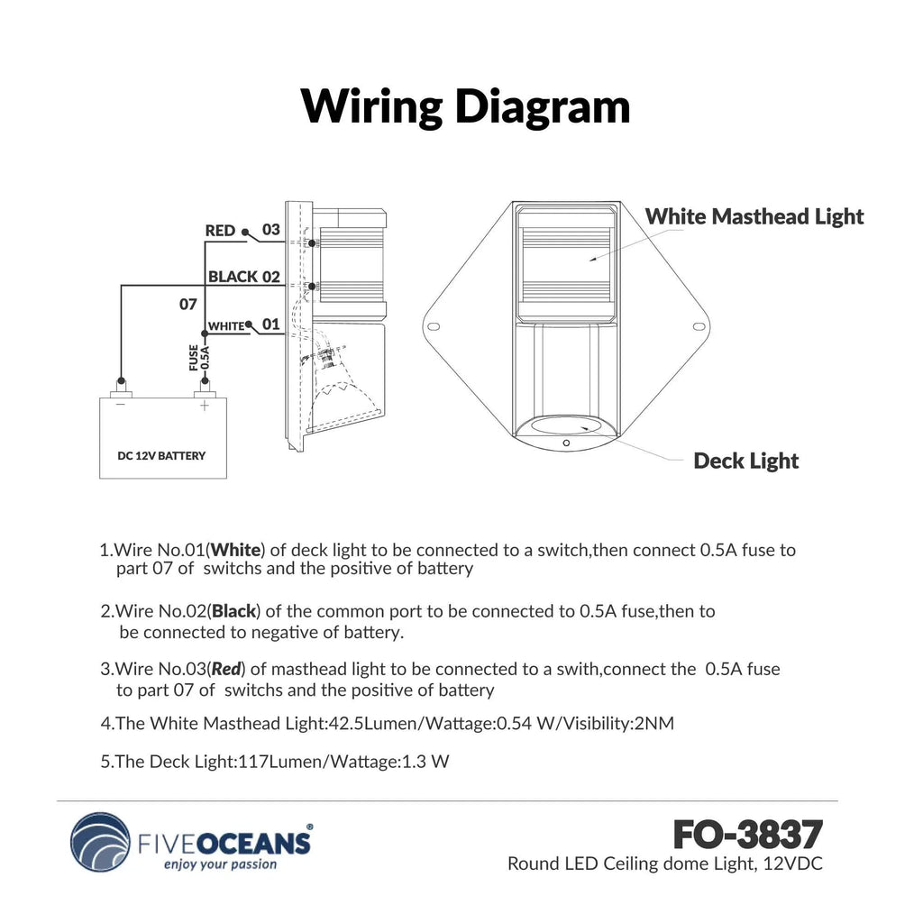 Five Oceans Combination Masthead and Deck Light,  Masthead Deck Spreader Light, 12V, Vertical Mount for Sailvessel -