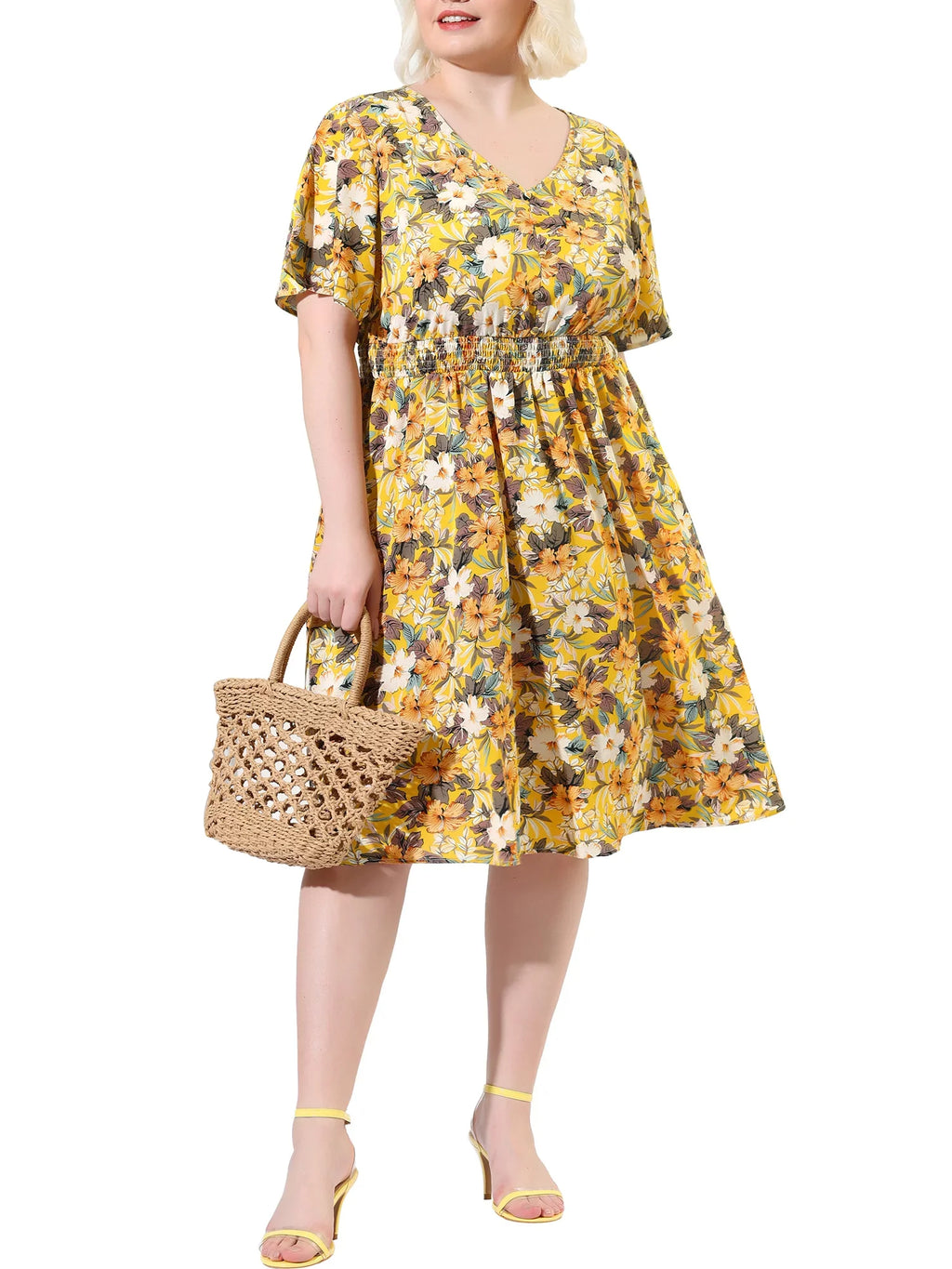 Juniors' Plus  Neck Floral Print Flare Sleeve Casual Midi Dress Yellow 3X