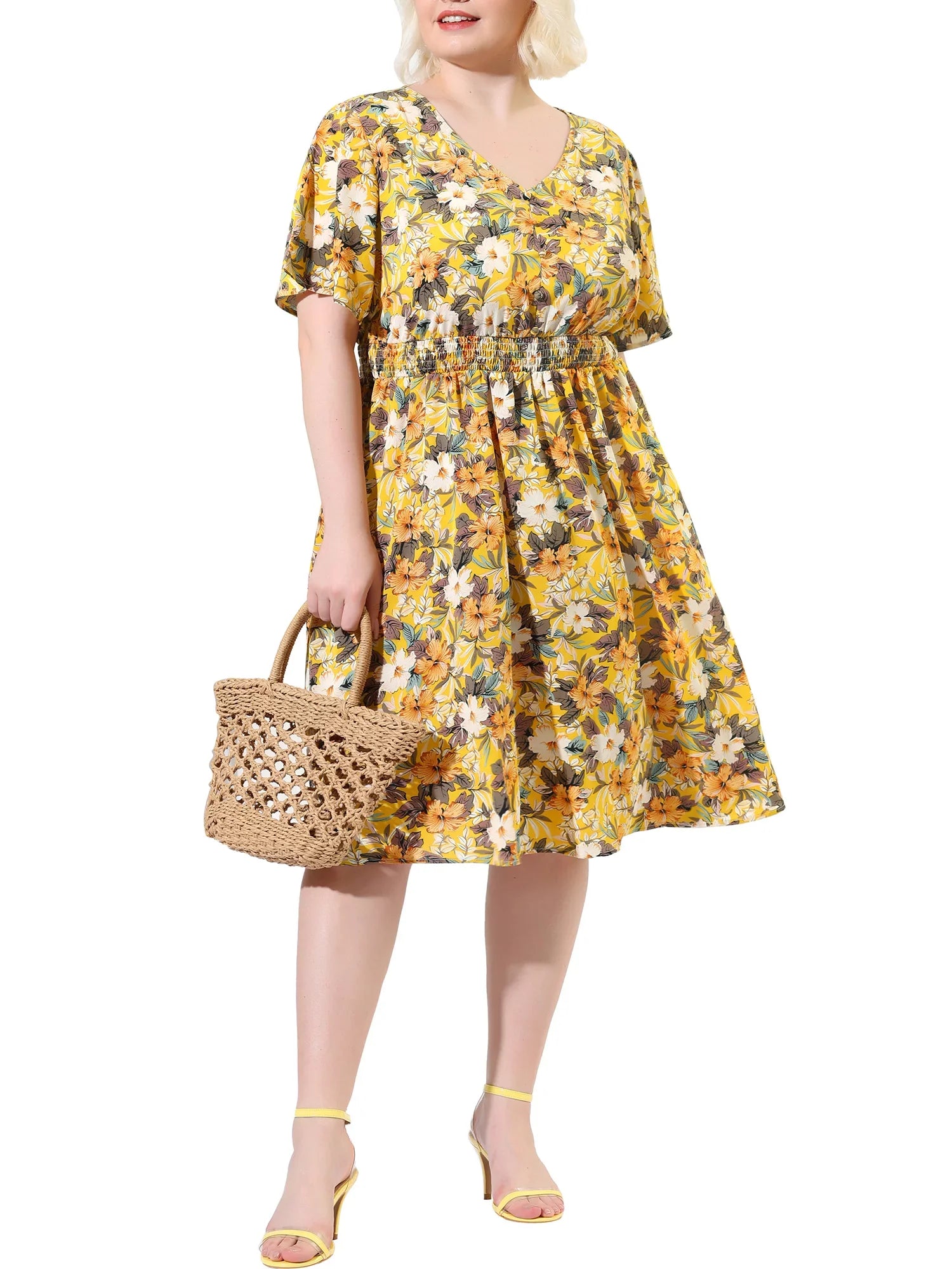 Juniors' Plus  Neck Floral Print Flare Sleeve Casual Midi Dress Yellow 3X