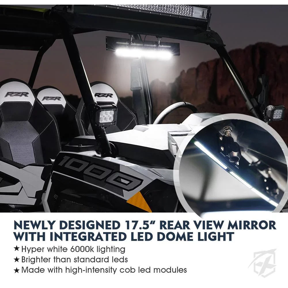 Xprite 17.5" Curved  Rear View Mirror / Integrated  Lights Fits 1.75"-2" Rollbars
