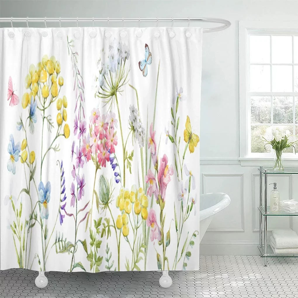 Libin Watercolor Wildflowers Tansy Yellow Buttercup Blue Pansies Tender Pink Shower Curtain 60x72 inch