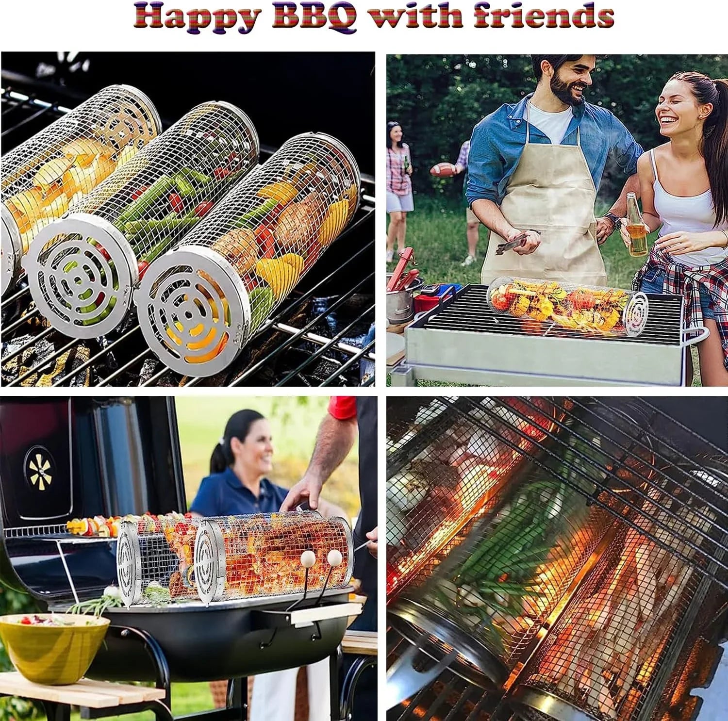 2PC Rolling Grilling Basket，Round Barbecue  Grilling Basket ，Portable Outdoor Camping  Rack for Fish, Shrimp, Vegetables, Barbeque Griller Cooking Accessories