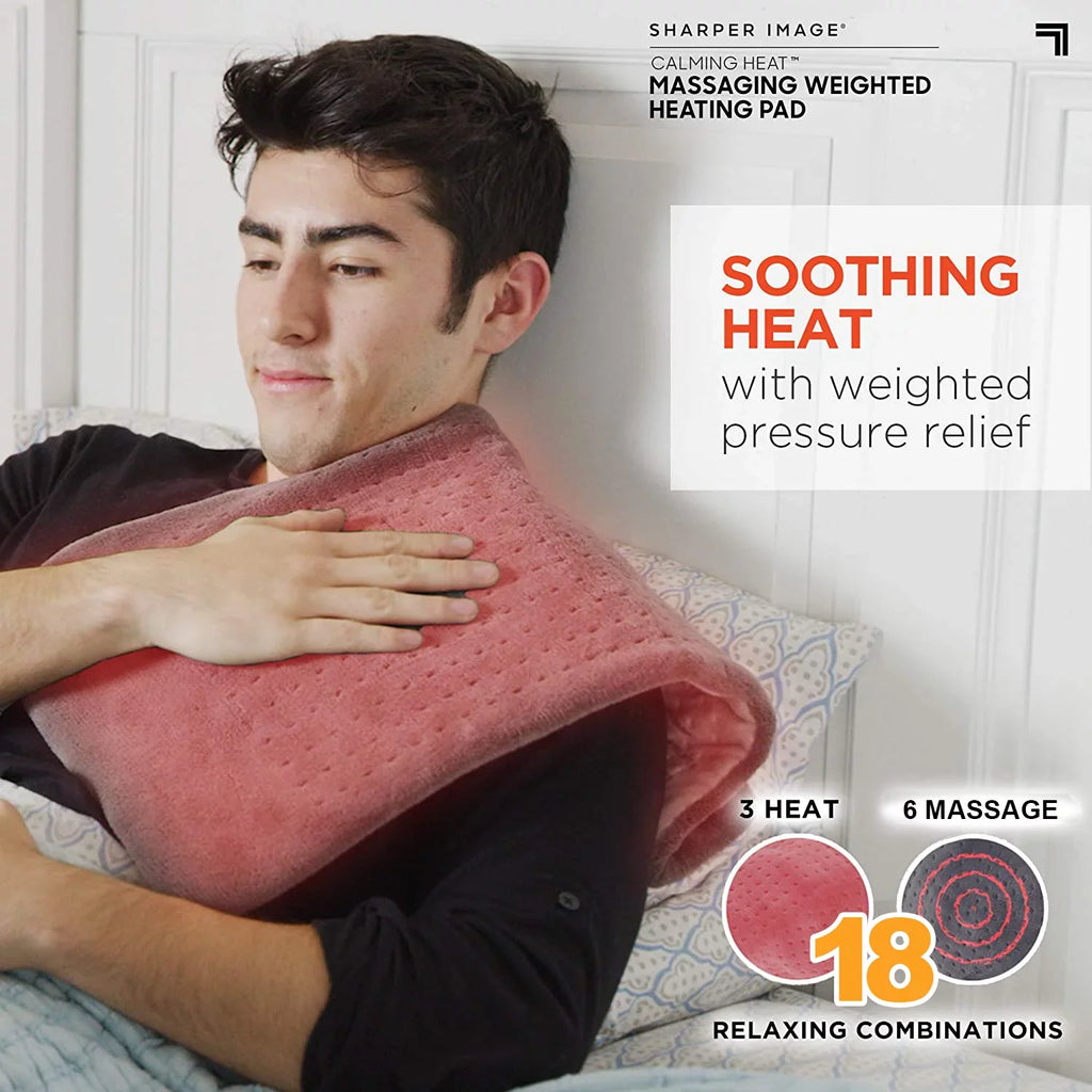 Calming Heat Massaging Weighted Heating Pad by Sharper Image- Weighted Electric Heating Pad with Massaging Vibrations, 9 Settings- 3 Heat, 6 Massage- 18 Relaxing Combinations, 12” x 24”