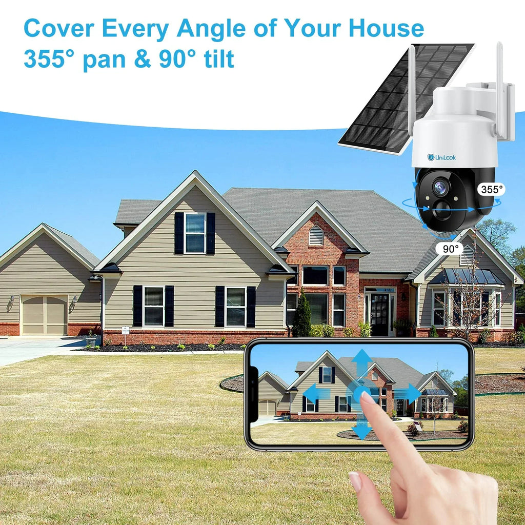 Unilook Solar Security Wifi Camera Outdoor, 2K Wireless Battery  Camera,  Waterproof Rechargeable Works with Alexa