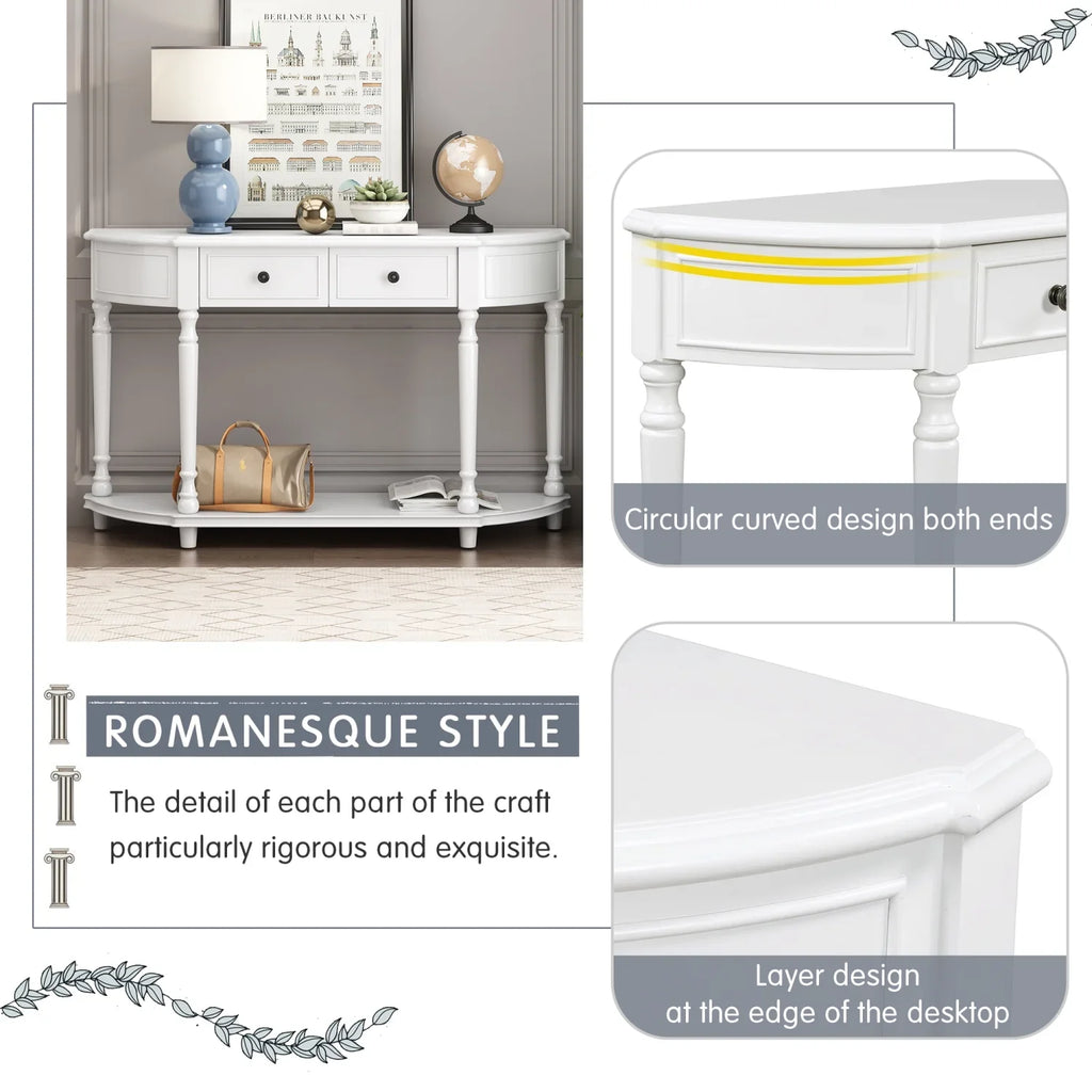 Retro Circular Curved Design Console Table with Open Style Shelf Solid Wooden Frame and Legs Two Top Drawers (White     )