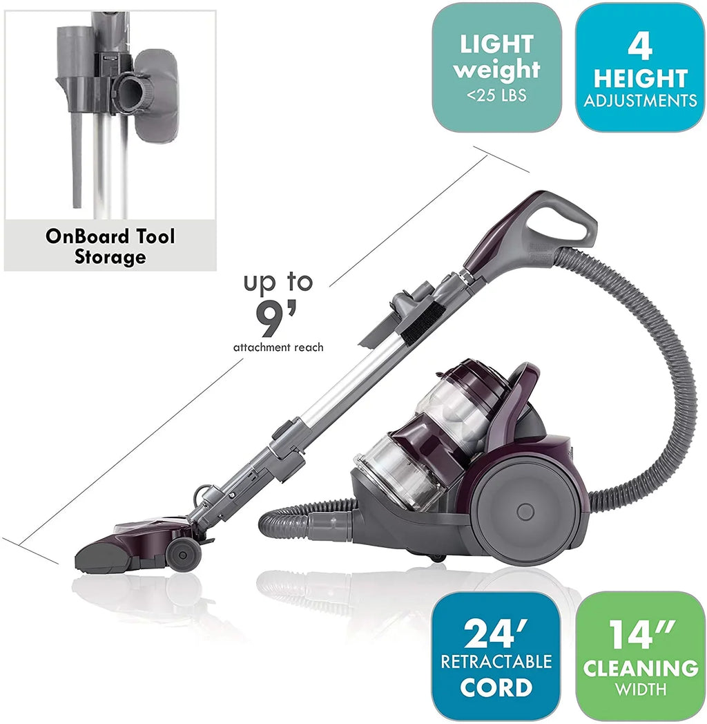 Friendly Lightweight Bagless Compact Canister Vacuum, , Extended Telescoping Wand, Retractable Cord and 2 Cleaning Tools, Pet PowerMate + 2 Motor Power, Purple