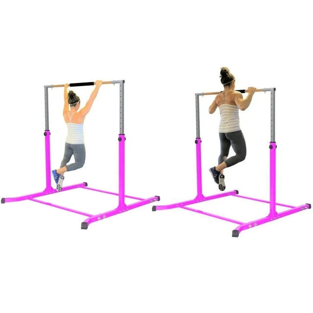 Pro-Gymnastics Adjustable Kip Bar for Kids | Heavy Duty Junior Gym Training | Curved Legs, Cushioned Hand Bar | Height Expandable Up to 5FT | Fitness Horizontal Bar | Pink