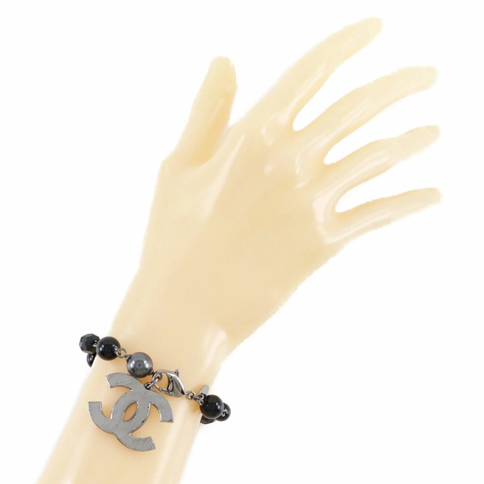 Pre-Owned  Chanel Coco Mark Bracelet Metal x Fake Pearl Plastic Silver/Black 09V Women's (Good)