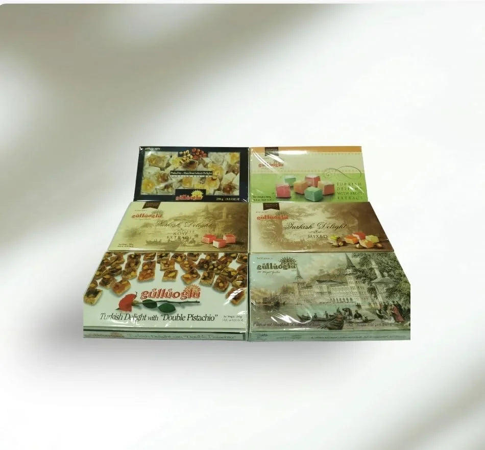 Gulluoglu Turkish Delight Assorted Flavors, 6 Pack (8.8 oz - 250 gr Each), daily fresh shipment from Istanbul/Turkey