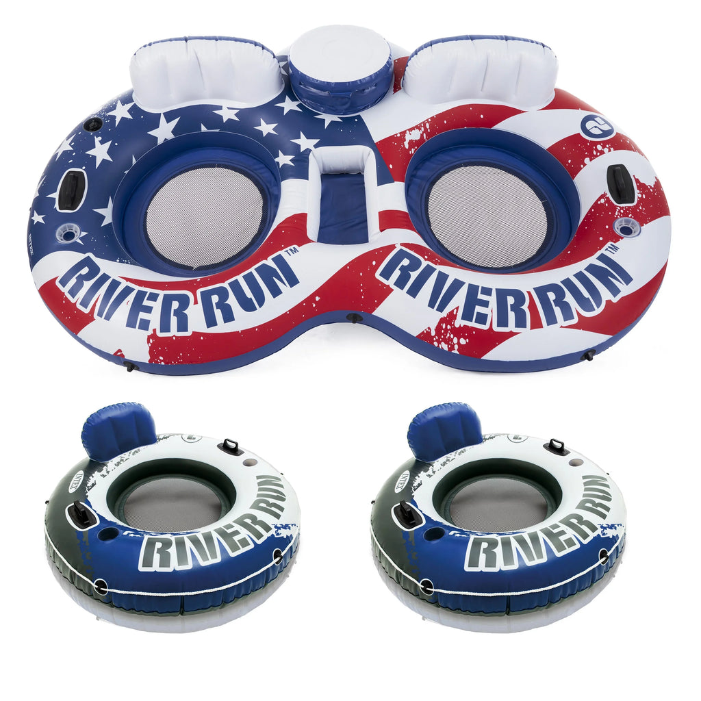 Intex American Flag 2 Person  Float w/ River Run 1 Person Tube (2 Pack)