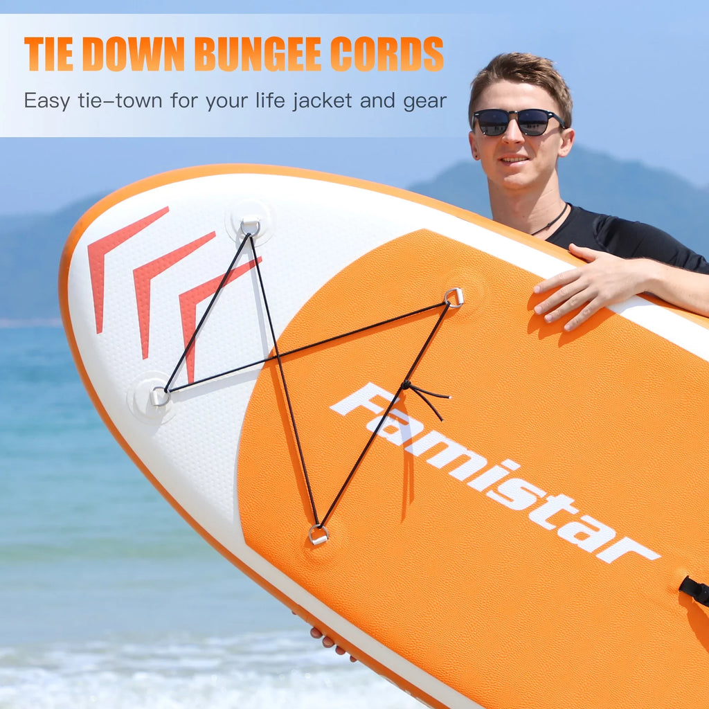 Famistar 10' Inflatable Stand Up Paddle Board (6"Thick) with / 3 Pins | Wide Stance, Bottom Fin for Paddling, Surf Control, Non-Slip Deck |Youth & Adult Standing Boat-Orange