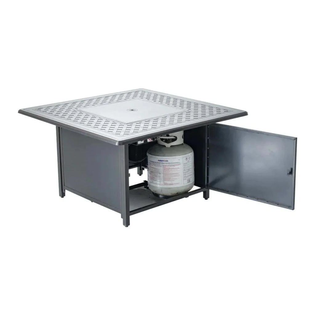 Alfresco Home Heron 42" Square Aluminum Gas Fire Pit Chat Table in Topaz Gray