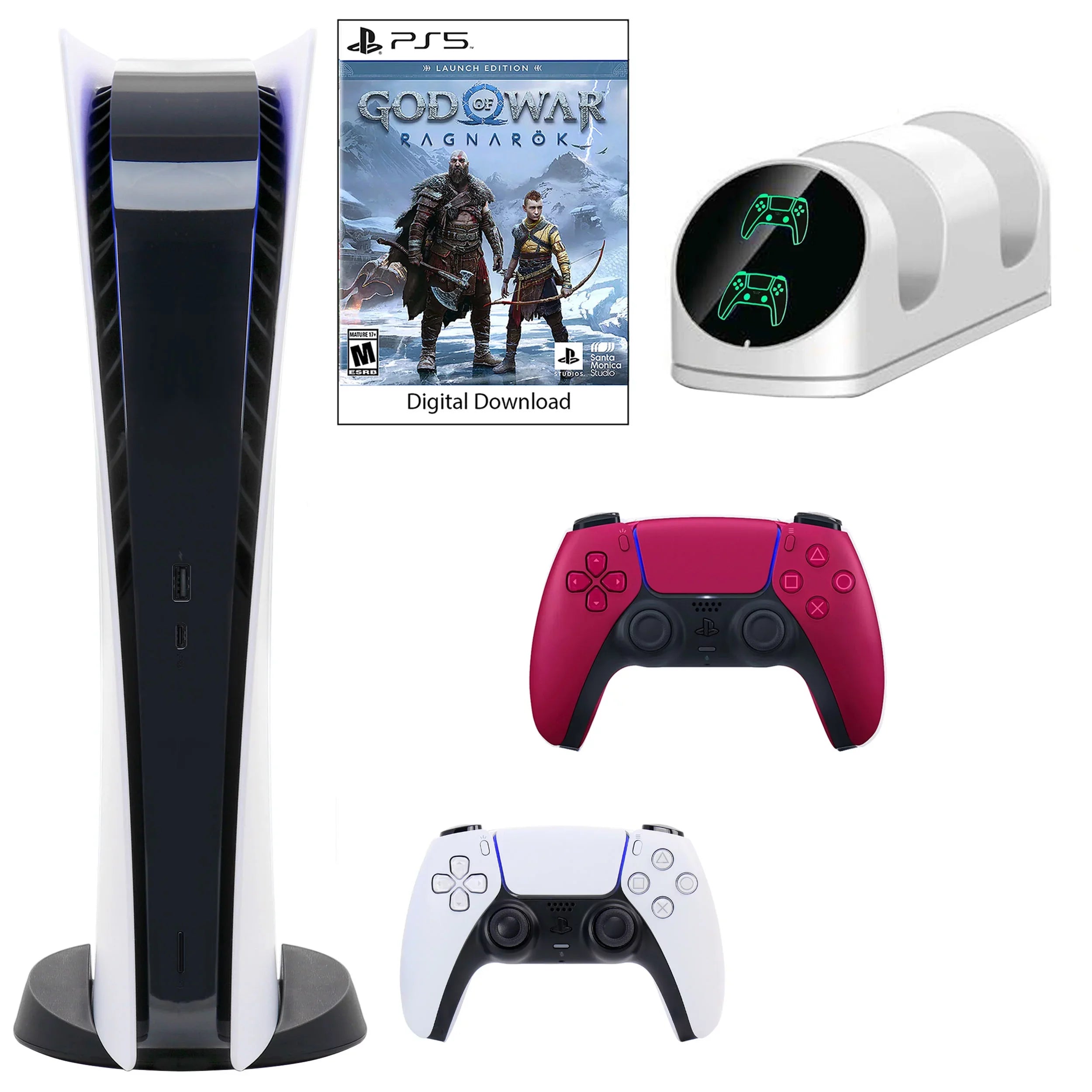 Sony PlayStation 5 Digital  Console with Extra Red Dualsense Controller and Dual Charging Dock