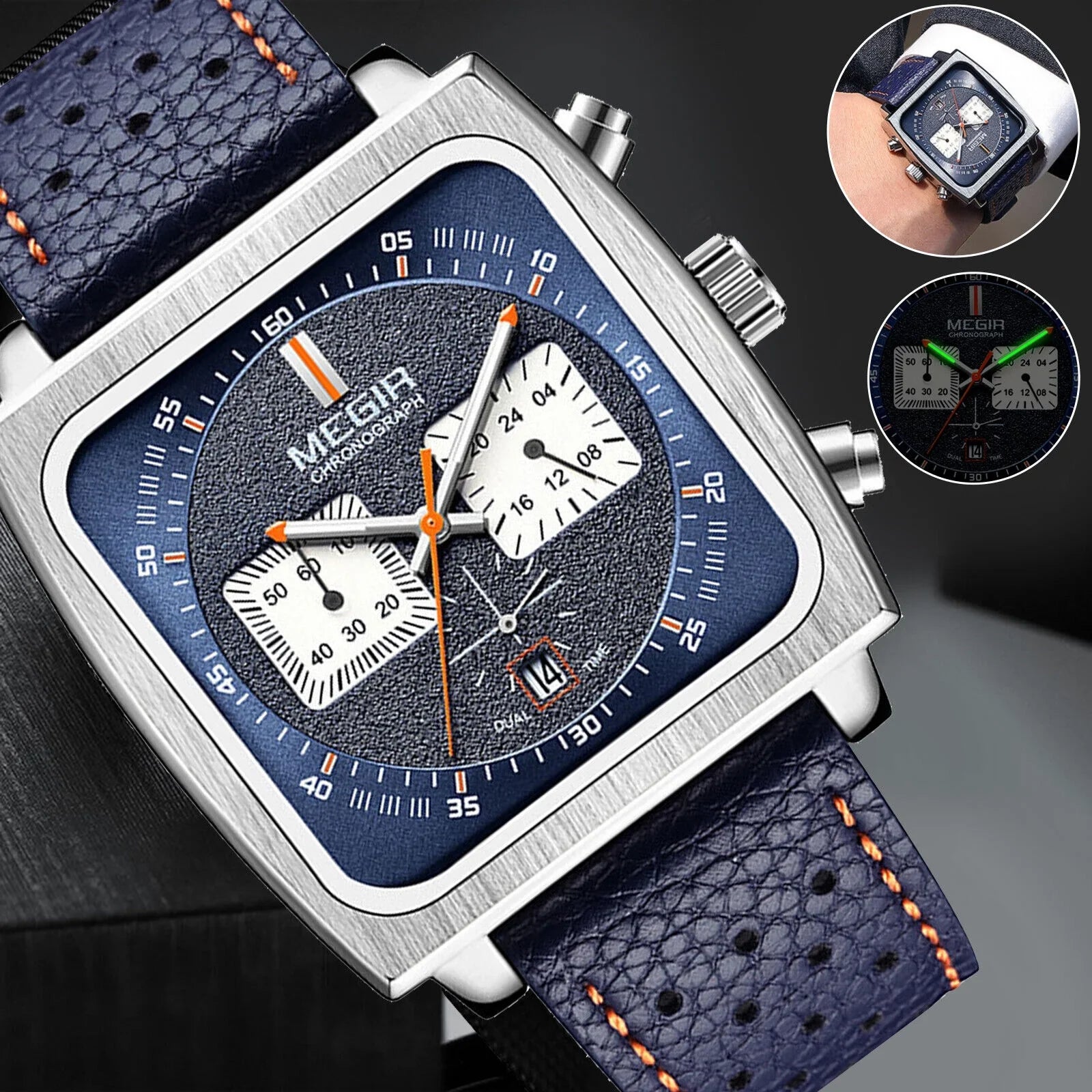 Fashion  Square Men Watch Luminous Quartz Waterproof Calendar Leather Wrist
