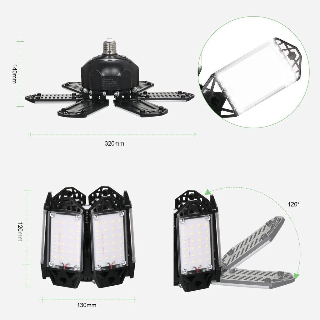 Neoglint 2PCS  -265V 160W 152LEDs Garage Light with 6 Adjustable Panels Deformable Folding Foldable Ceiling Lamp / Base Socket Holder for Garage Warehouse Workshop Basement Gym Kit