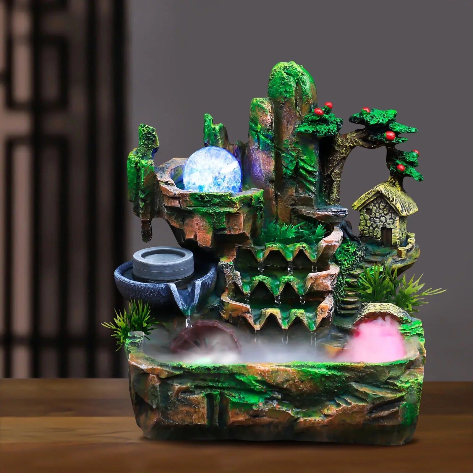ZhdnBhnos Indoor Tabletop Fountain With Atomizer & Led Light Rockery Waterfall Home Office Fengshui Decoration