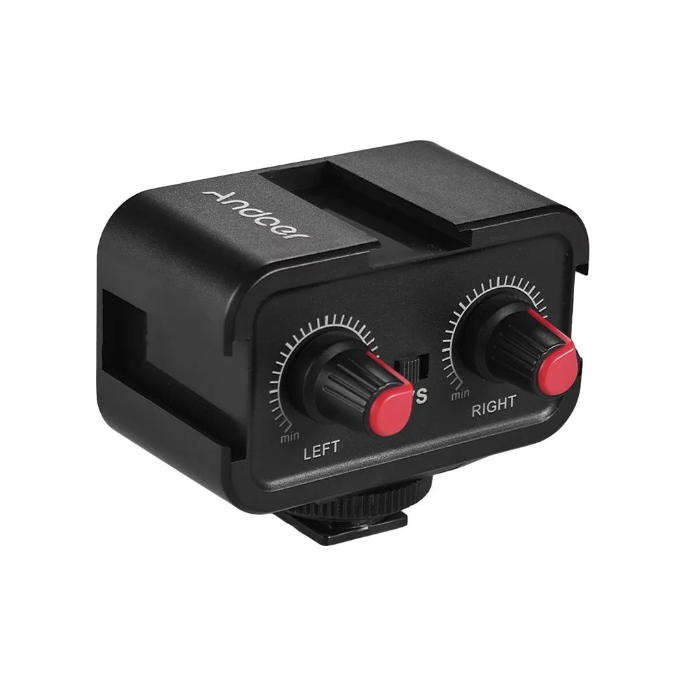Andoer - Dual-Channel Microphone Audio Mixer Adapter & Cold Shoe Mounting Hub 3.5mm Stereo Output for  Camcorder
