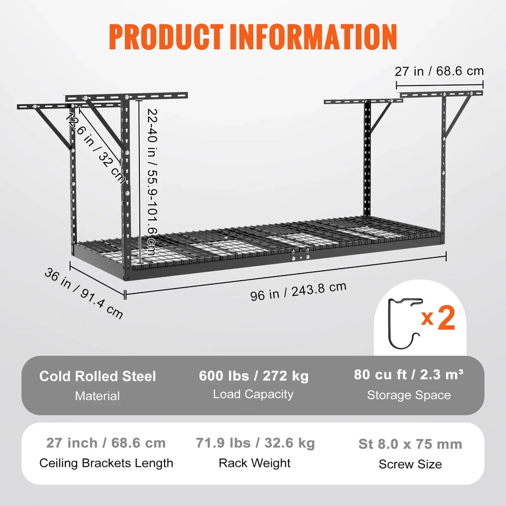 Overhead Adjustable Garage Storage Stand 36x96in Ceiling Stand 600lb Black