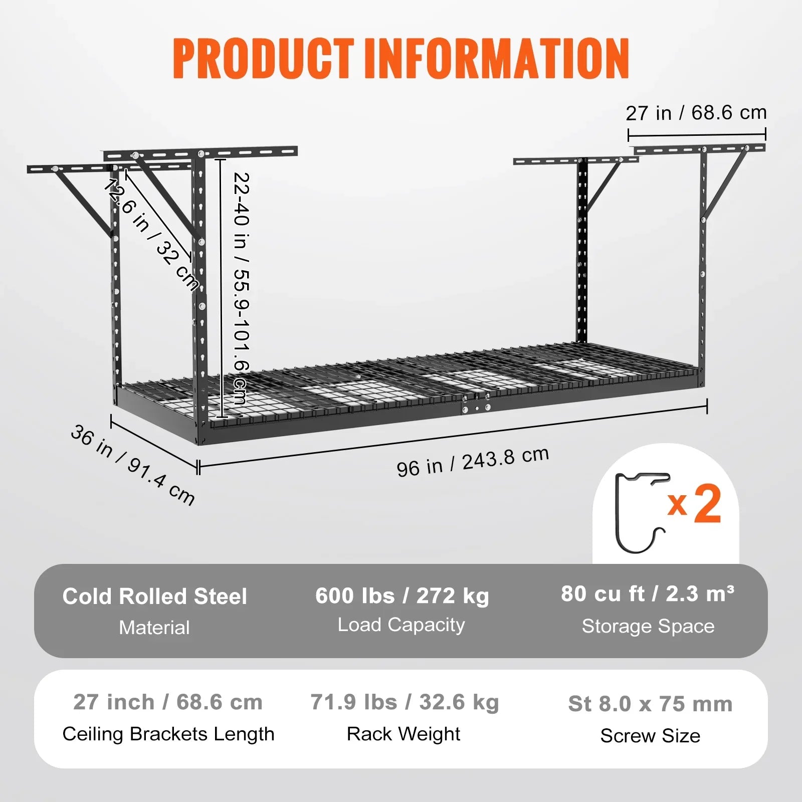 Overhead Adjustable Garage Storage Stand 36x96in Ceiling Stand 600lb Black