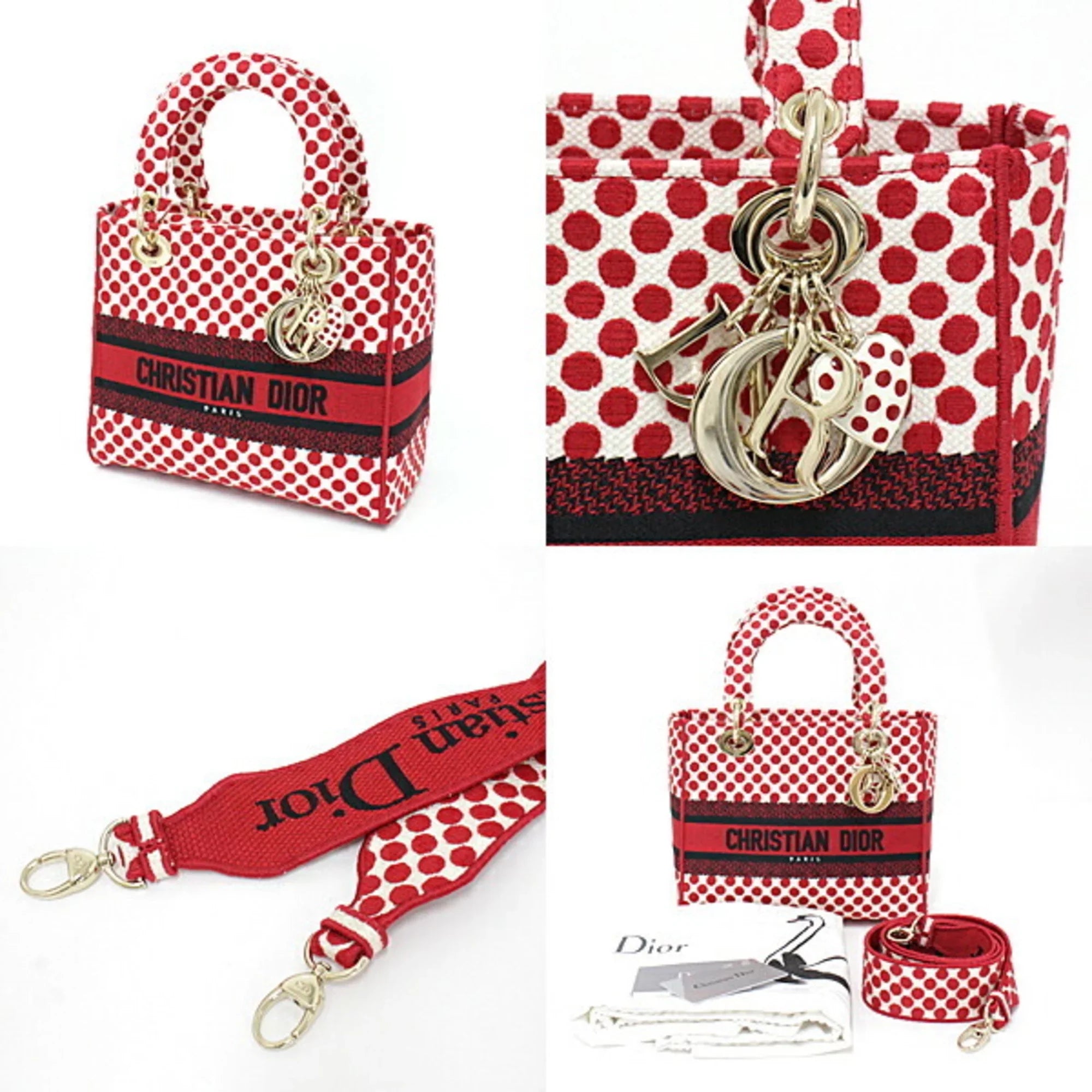 Pre-Owned Christian Dior  Dior Amour Lady -Lite Dee Light Mini Medium Bag Red x Polka Dot Canvas M0565OBBE_933U Handbag Shoulder (Like New)