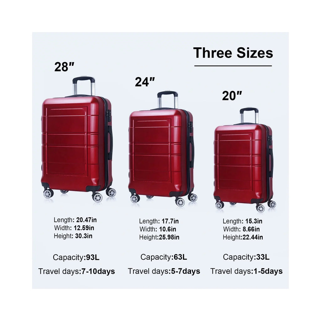 Traveling Luggage, 3pcs Hardside Luggage Set, 20"+24"+28" with  Lock, Red