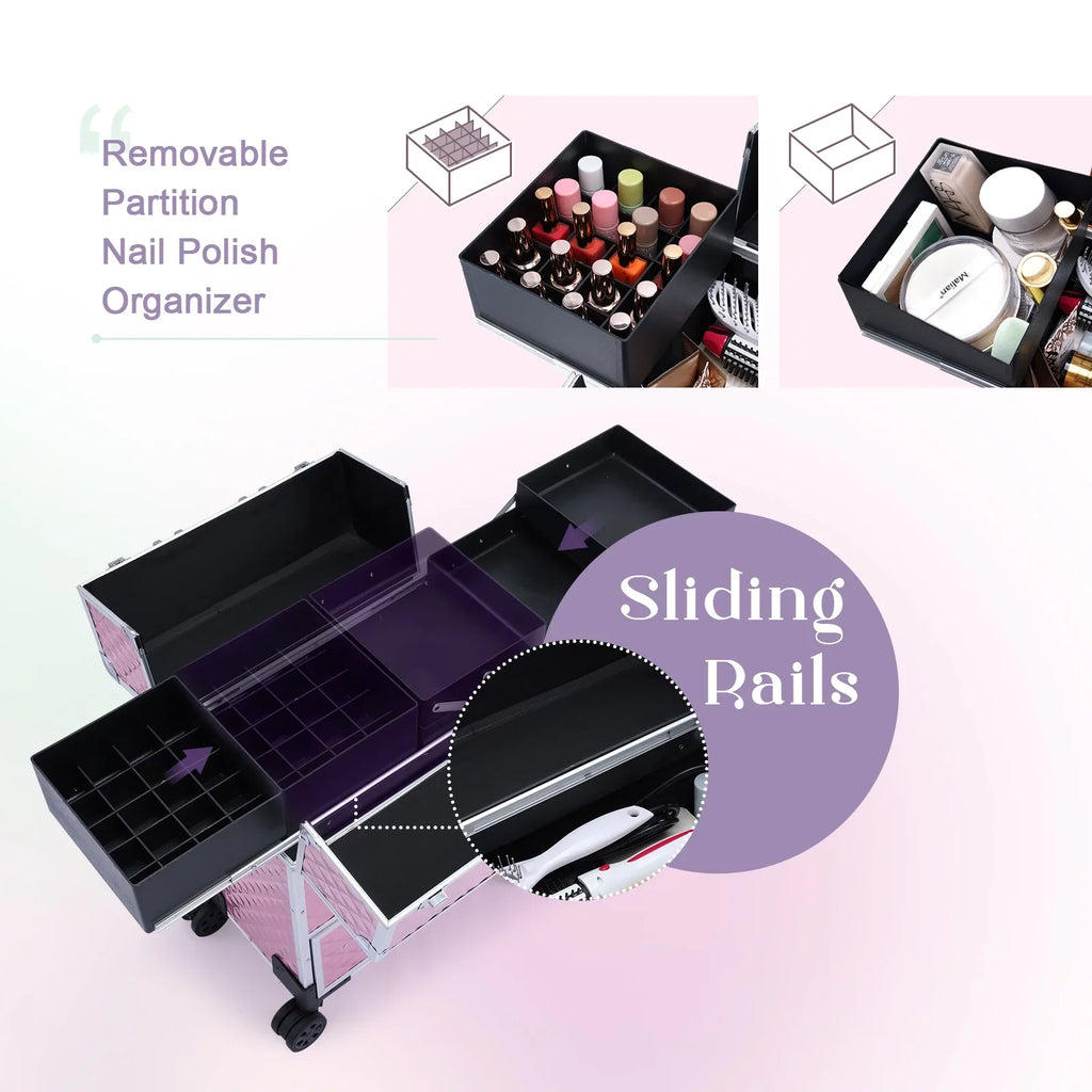 Joligrace Professional Rolling Makeup Case Cosmetic Trolley with Drawers, Pink