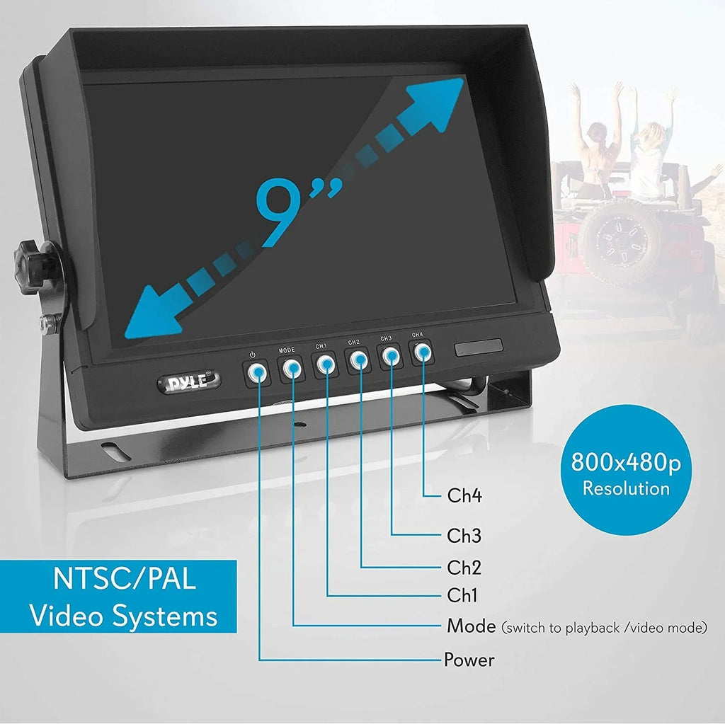 Rear View Backup Camera System -  Parking Reverse Car Truck Vehicle Dual Rearview Back Up Kit w/ 9  Monitor, Night Vision, Tilt-Adjustable, Video Recorder, Universal Mount - Pyle