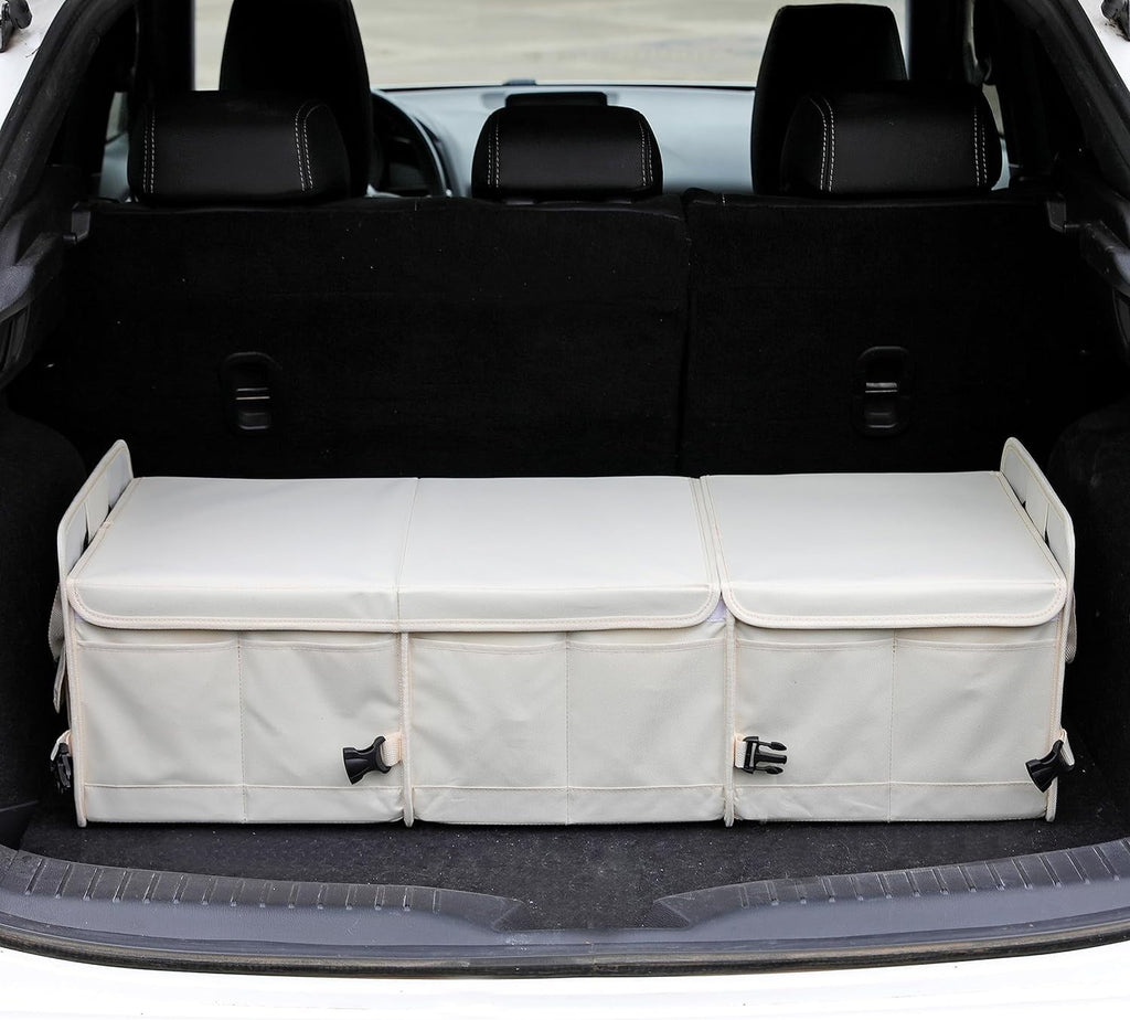 Glamor  Car Trunk Organizer with Lid Car Storage Organizer Collapsible Multi Compartment Adjustable Straps Car Organizer for , Truck, Sedan(Beige)